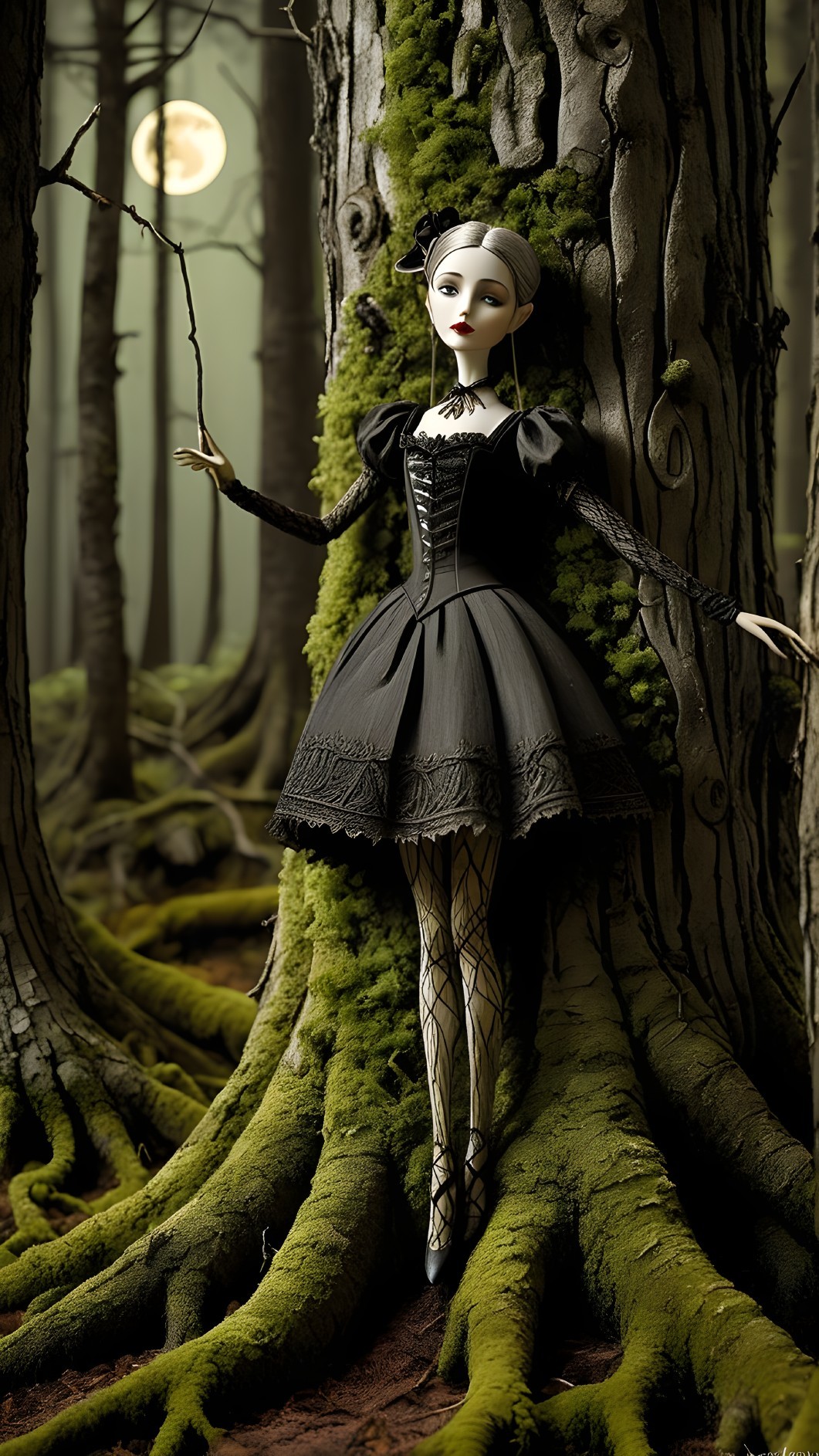 Elegant Doll in Mystical Forest with Moonlight Glow