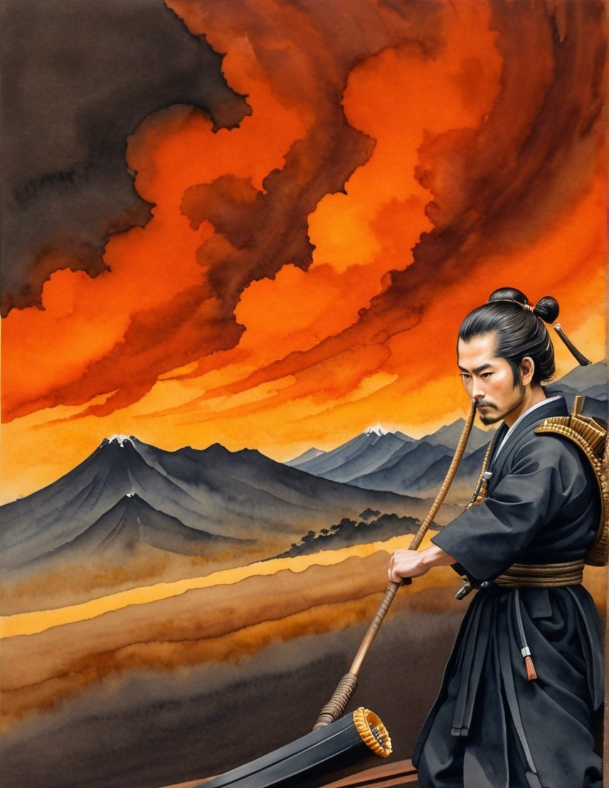 Warrior in Black Attire with Sword in Dramatic Landscape