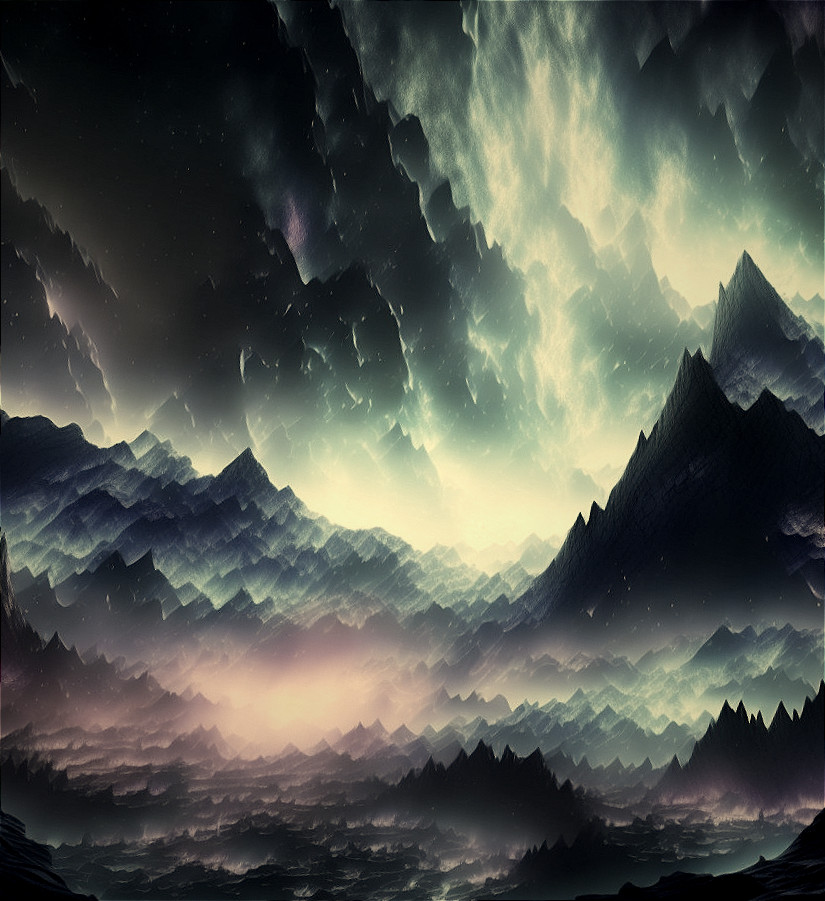 Surreal Landscape with Jagged Mountains and Mist