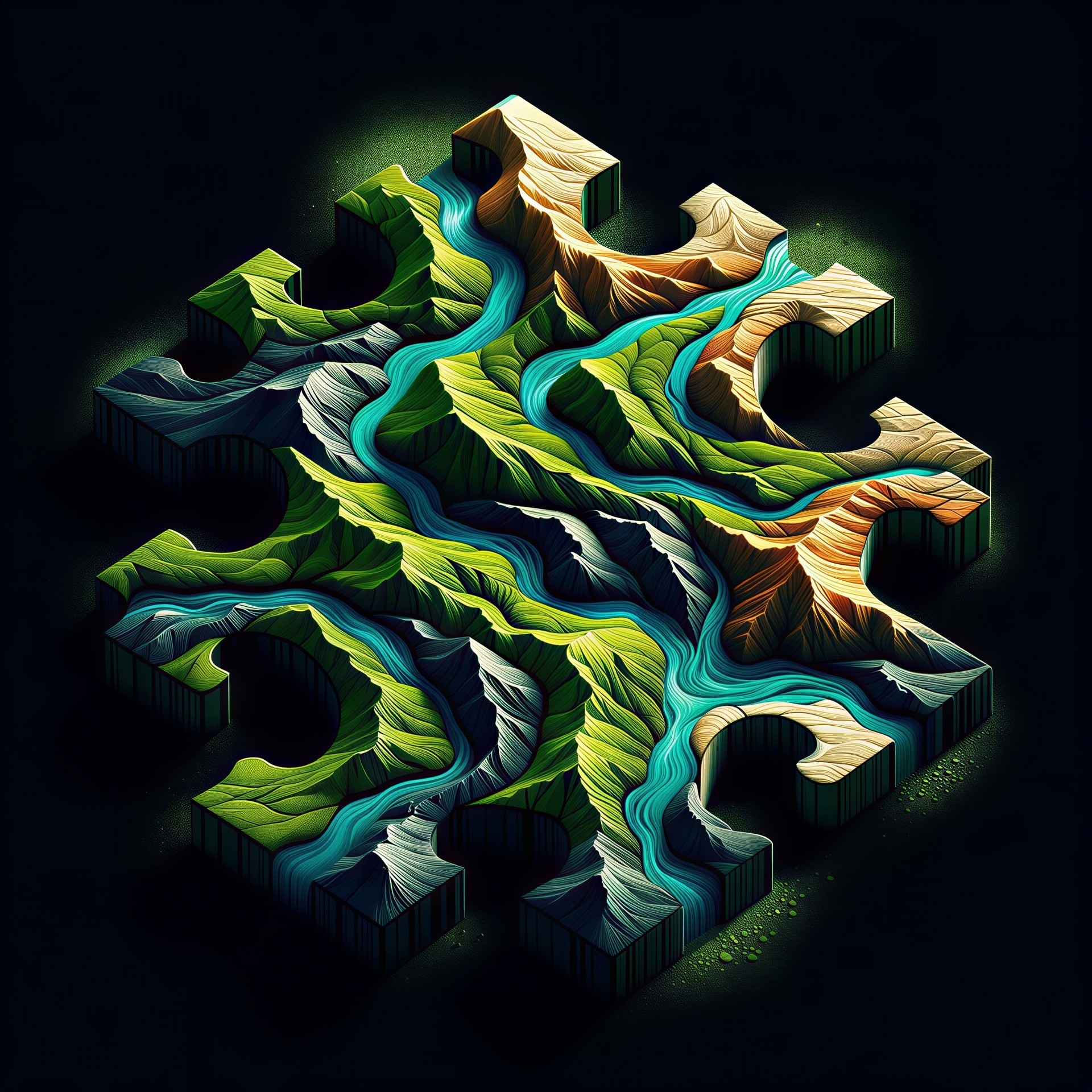 Isometric Puzzle Piece with Detailed Topographic Map