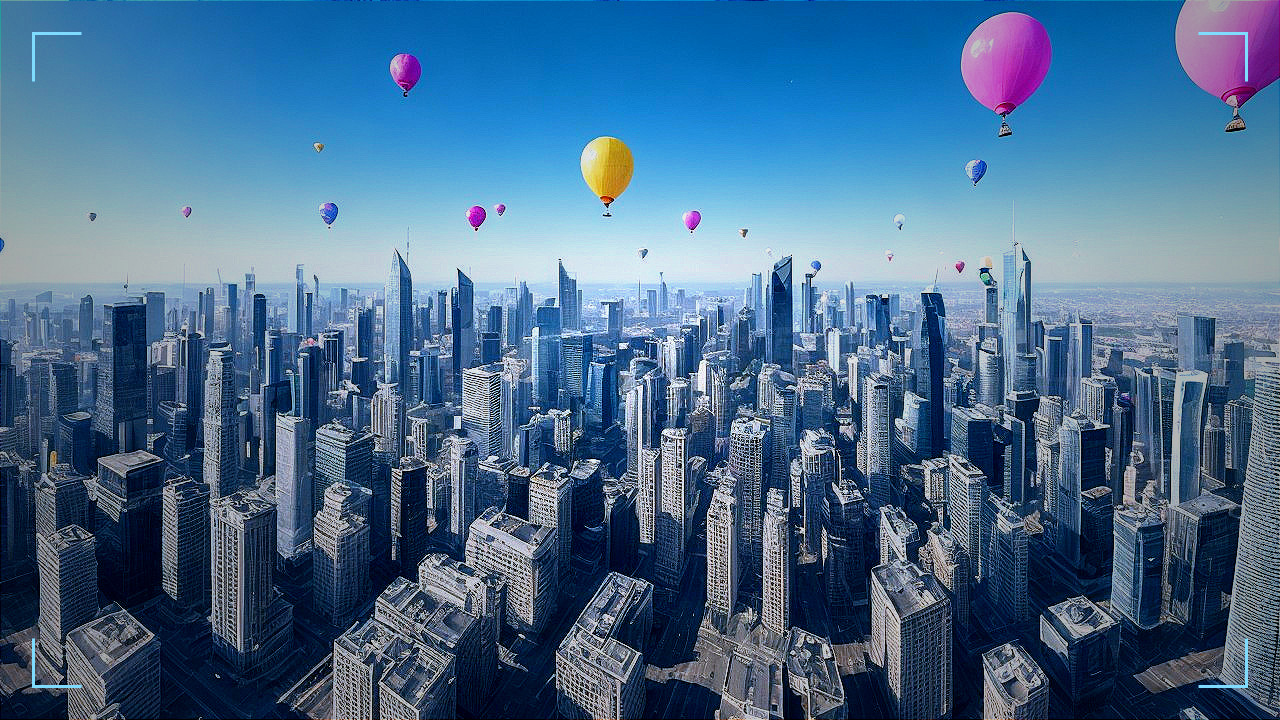 Colorful Hot Air Balloons Above City Skyline