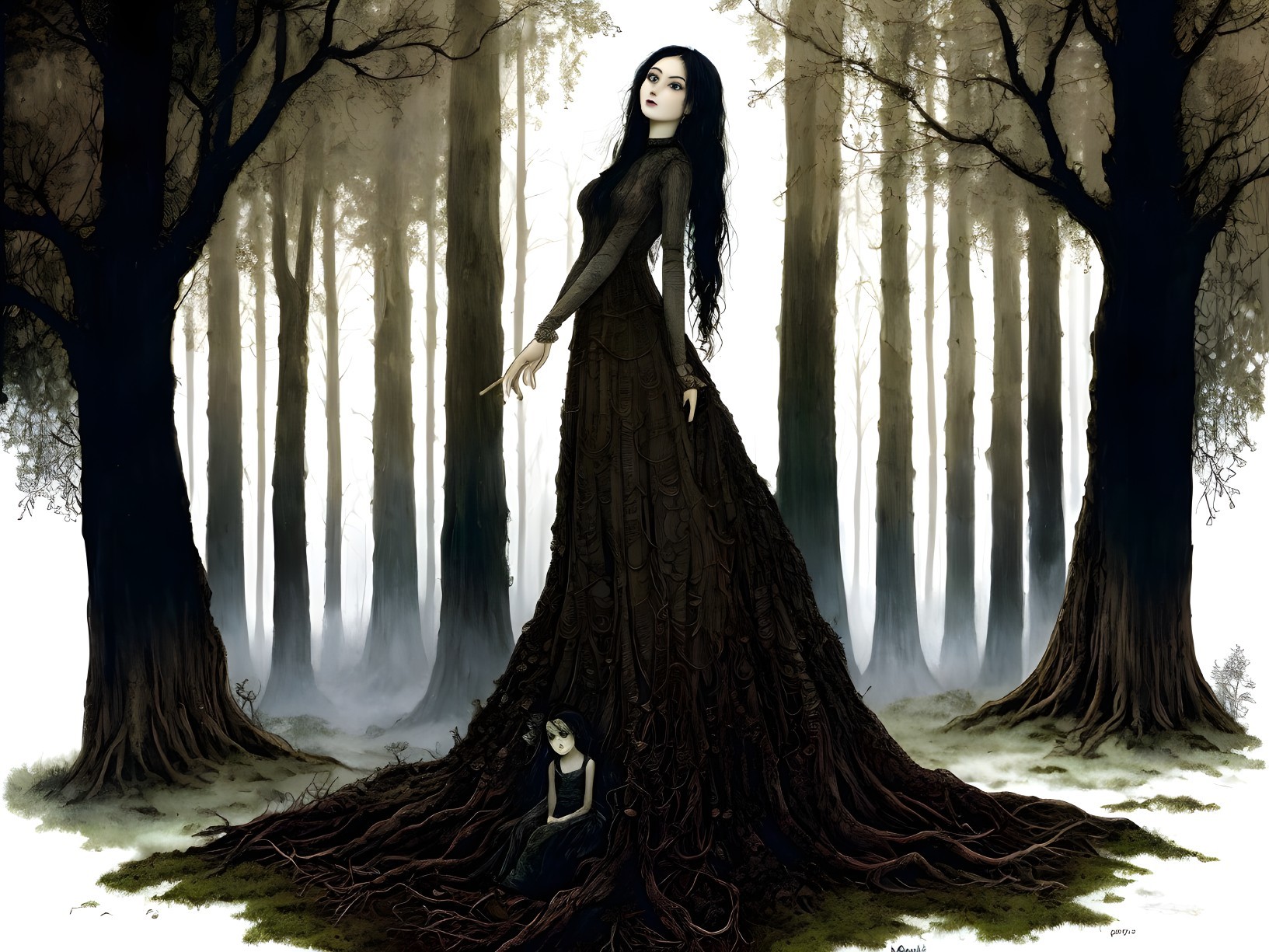 Ethereal Figure in Black Gown in Mystical Forest