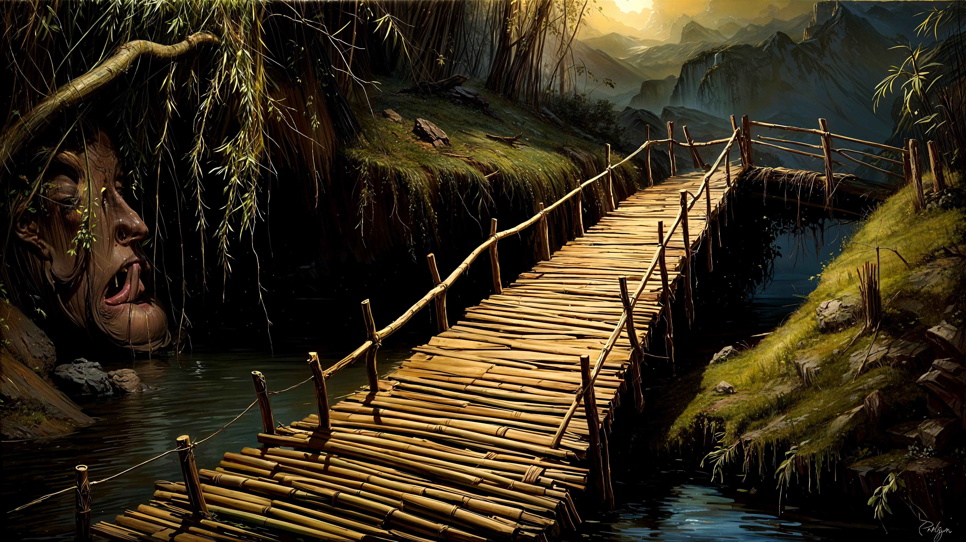 Serene Landscape with Wooden Bridge and Mystical Face