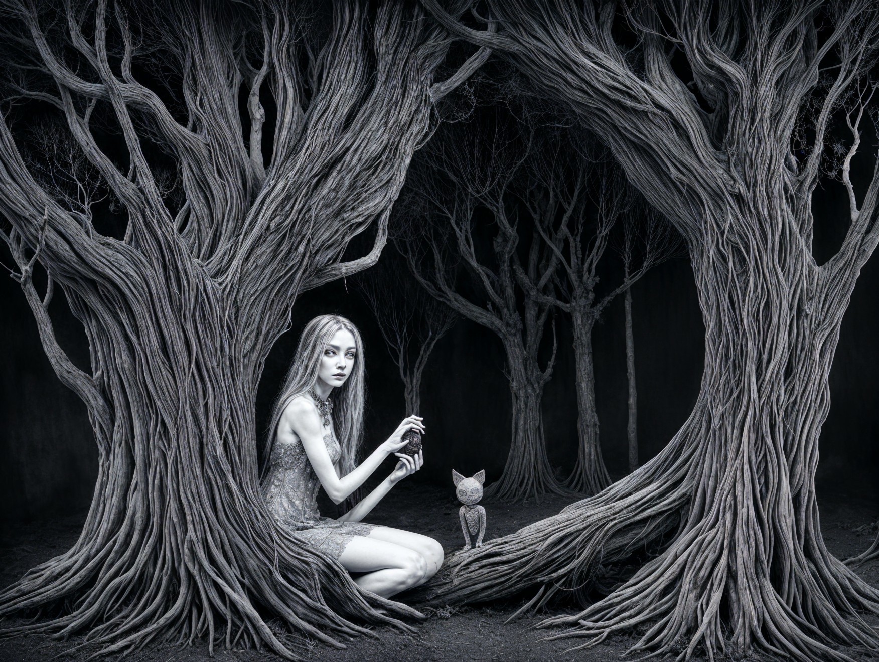 Surreal Scene of a Woman and Cat in Monochromatic Forest