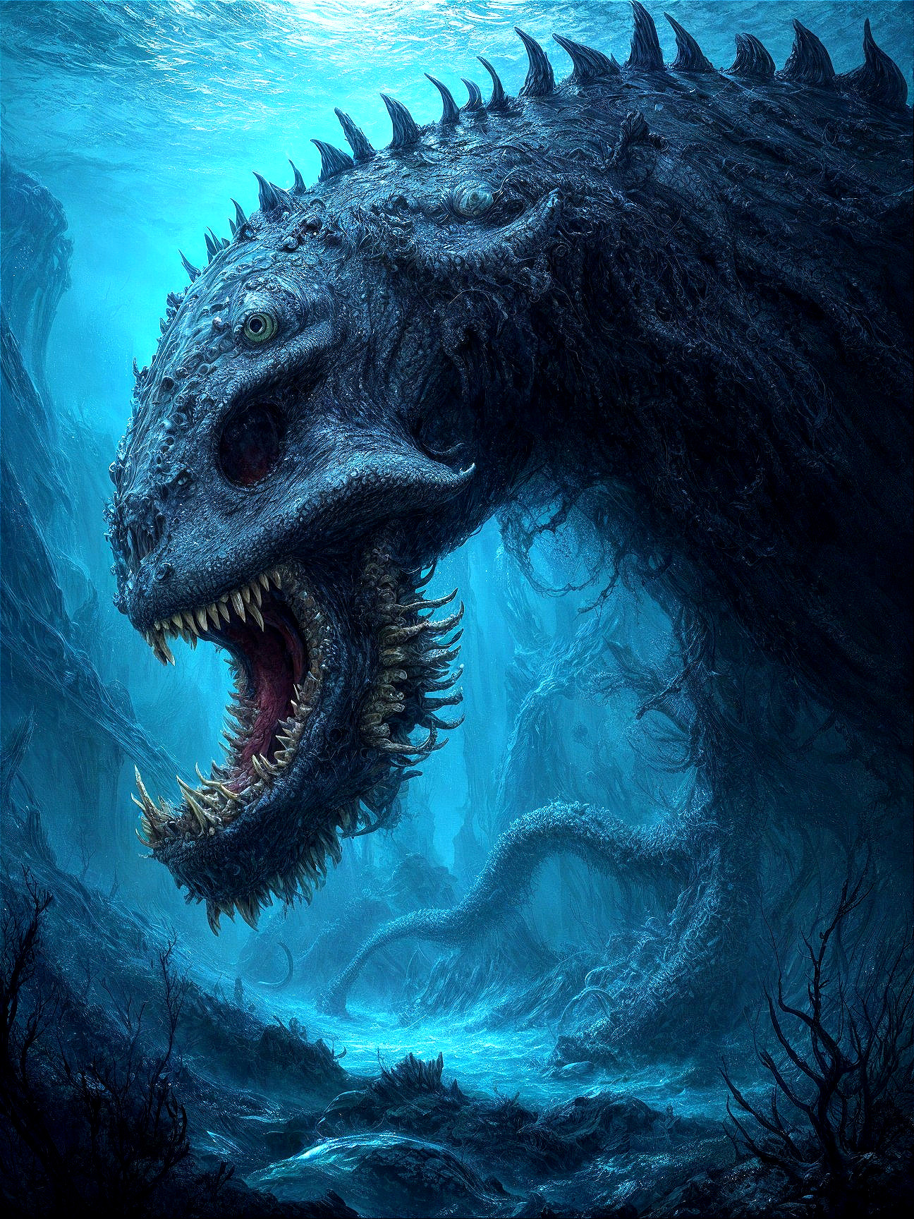 Colossal Sea Creature with Jagged Teeth and Spines