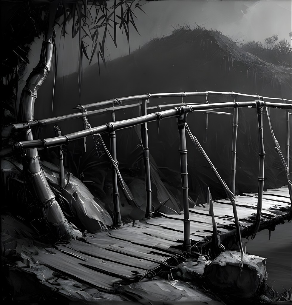 Monochromatic Landscape with Bamboo Bridge and Mist