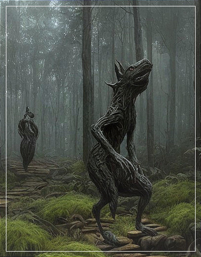 Eerie Figures in a Misty Forest Setting