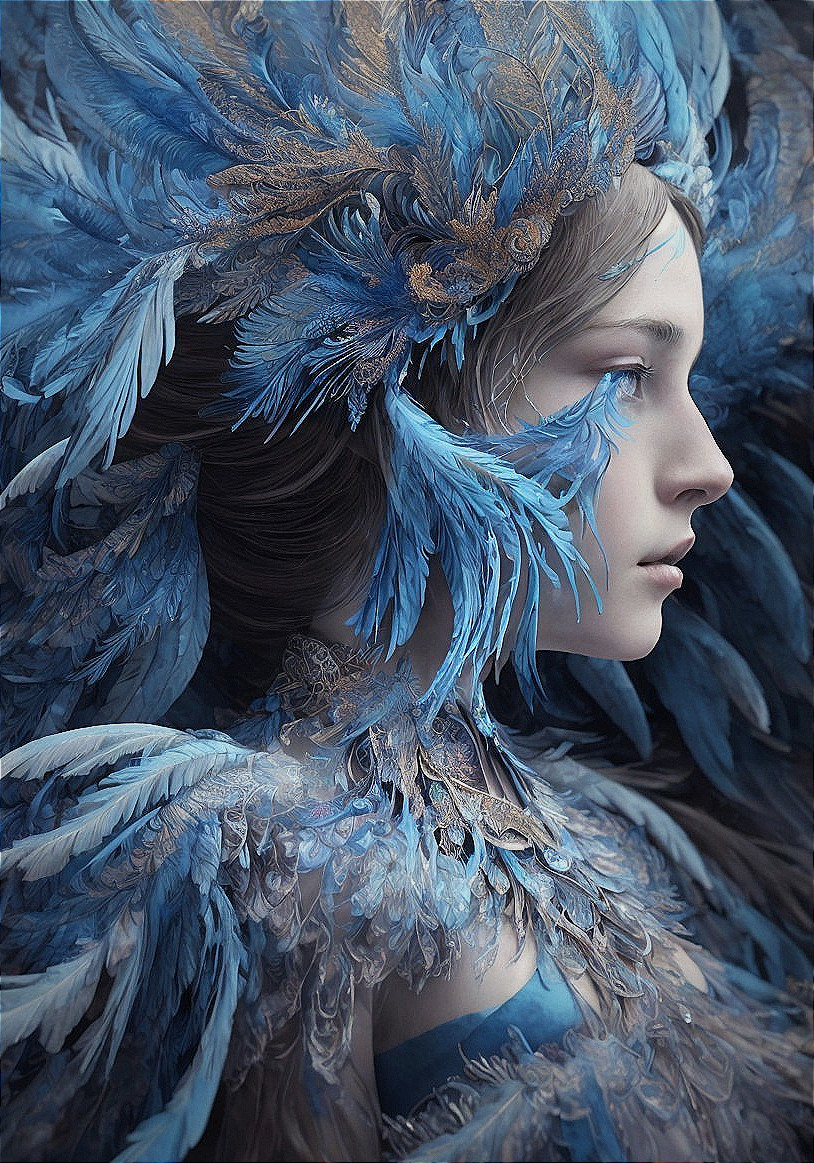 Serene Figure in Intricate Blue Feathered Attire