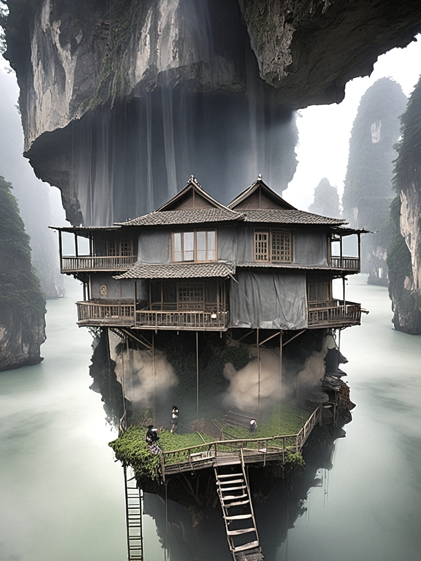 Surreal Floating House Surrounded by Misty Waters
