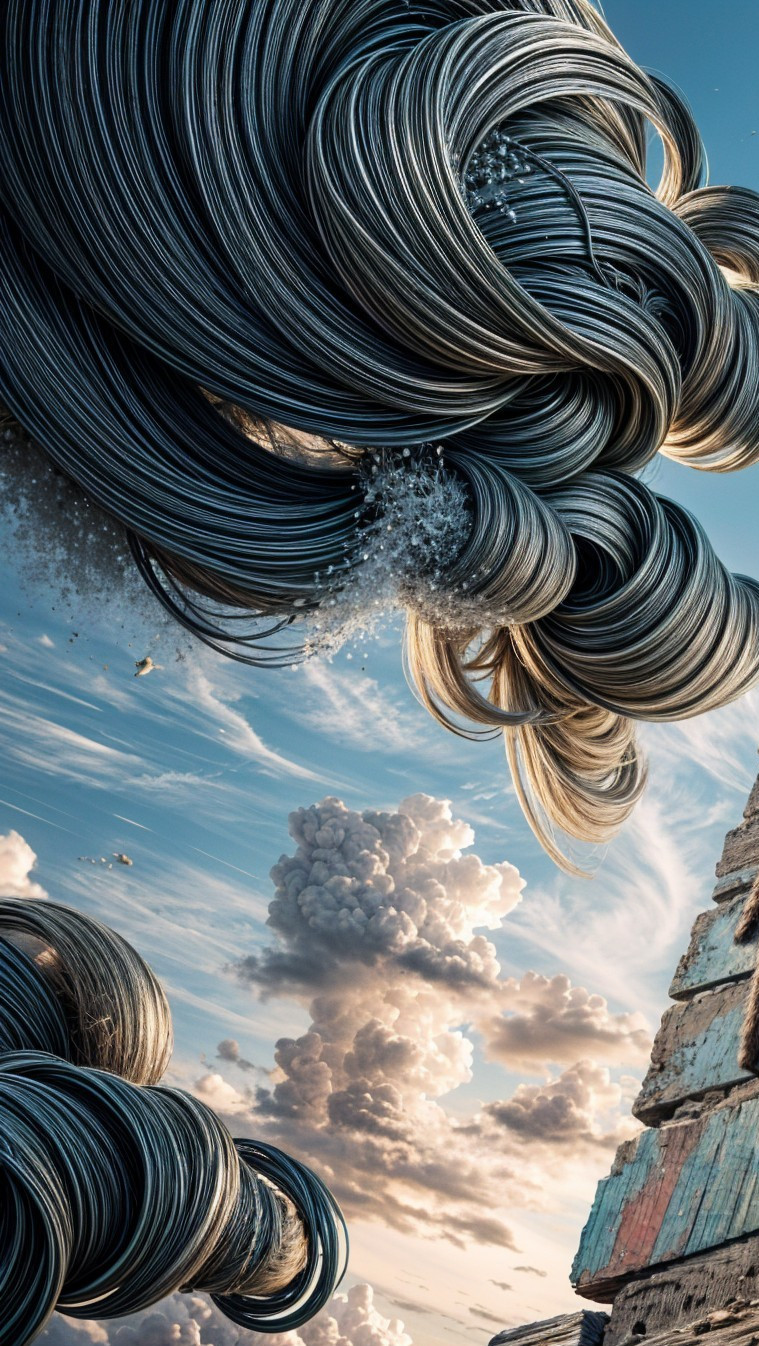 Surreal Landscape with Metallic Waves and Ruins