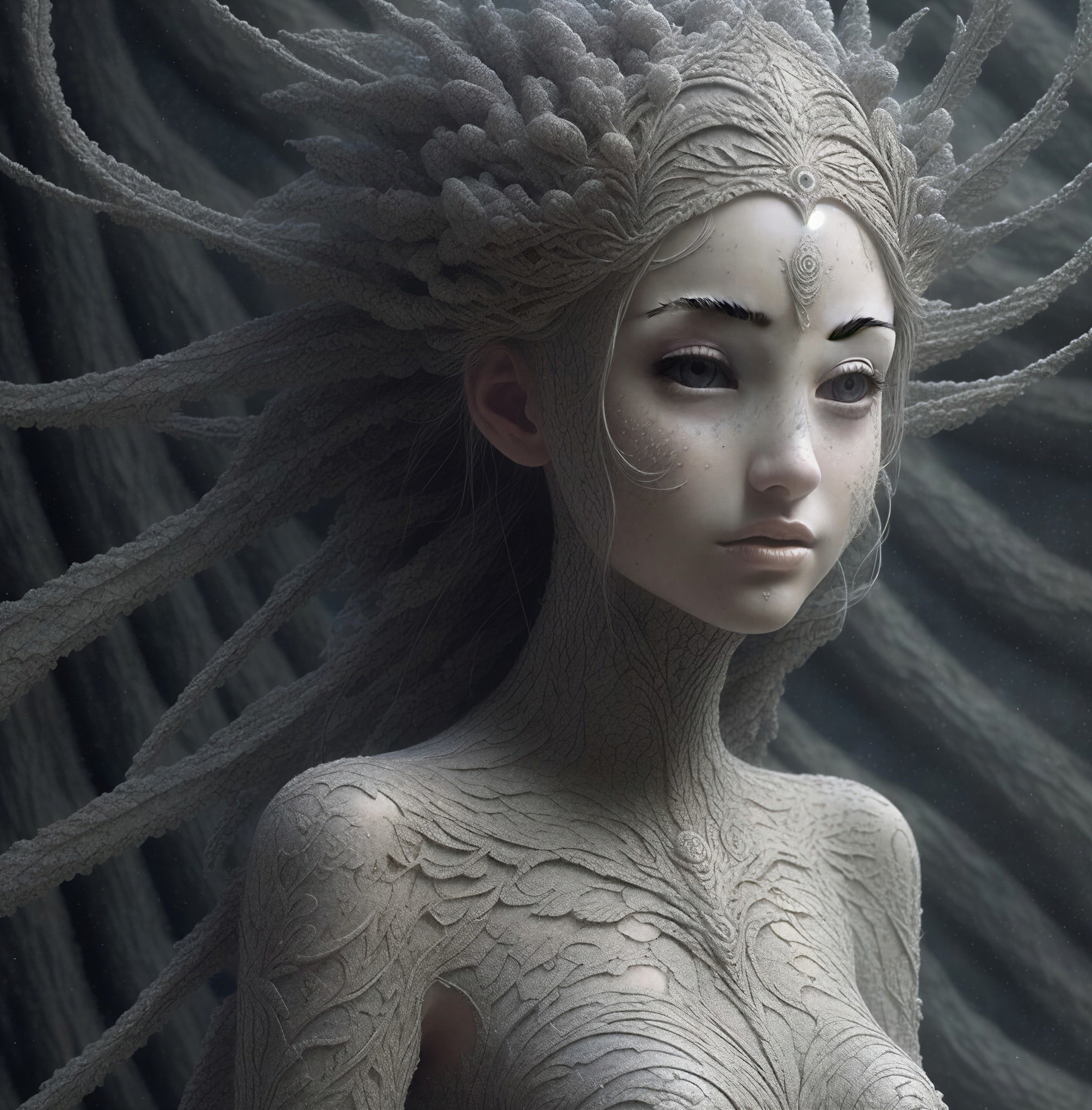 Mystical Figure with Textured Skin and Ethereal Features
