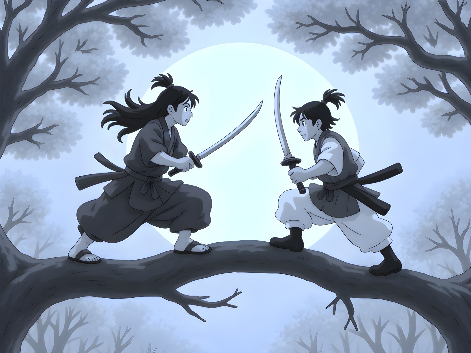 Animated Characters in Battle on a Tree Branch