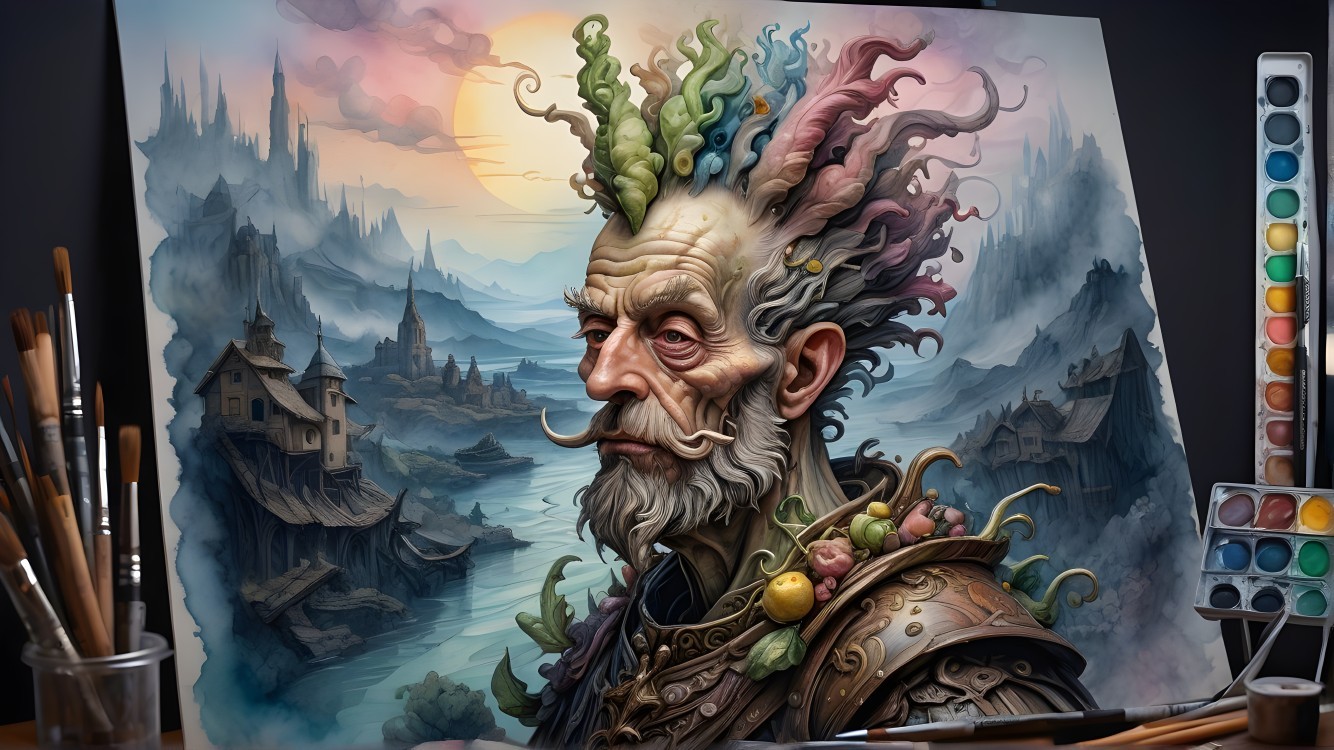 Whimsical Elderly Man in Colorful Nature-Inspired Attire