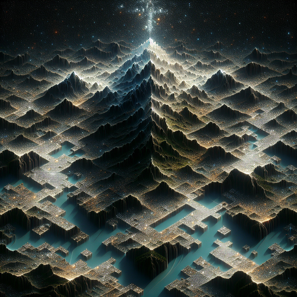 Mystical Landscape with Jagged Mountains and Cosmic Sky