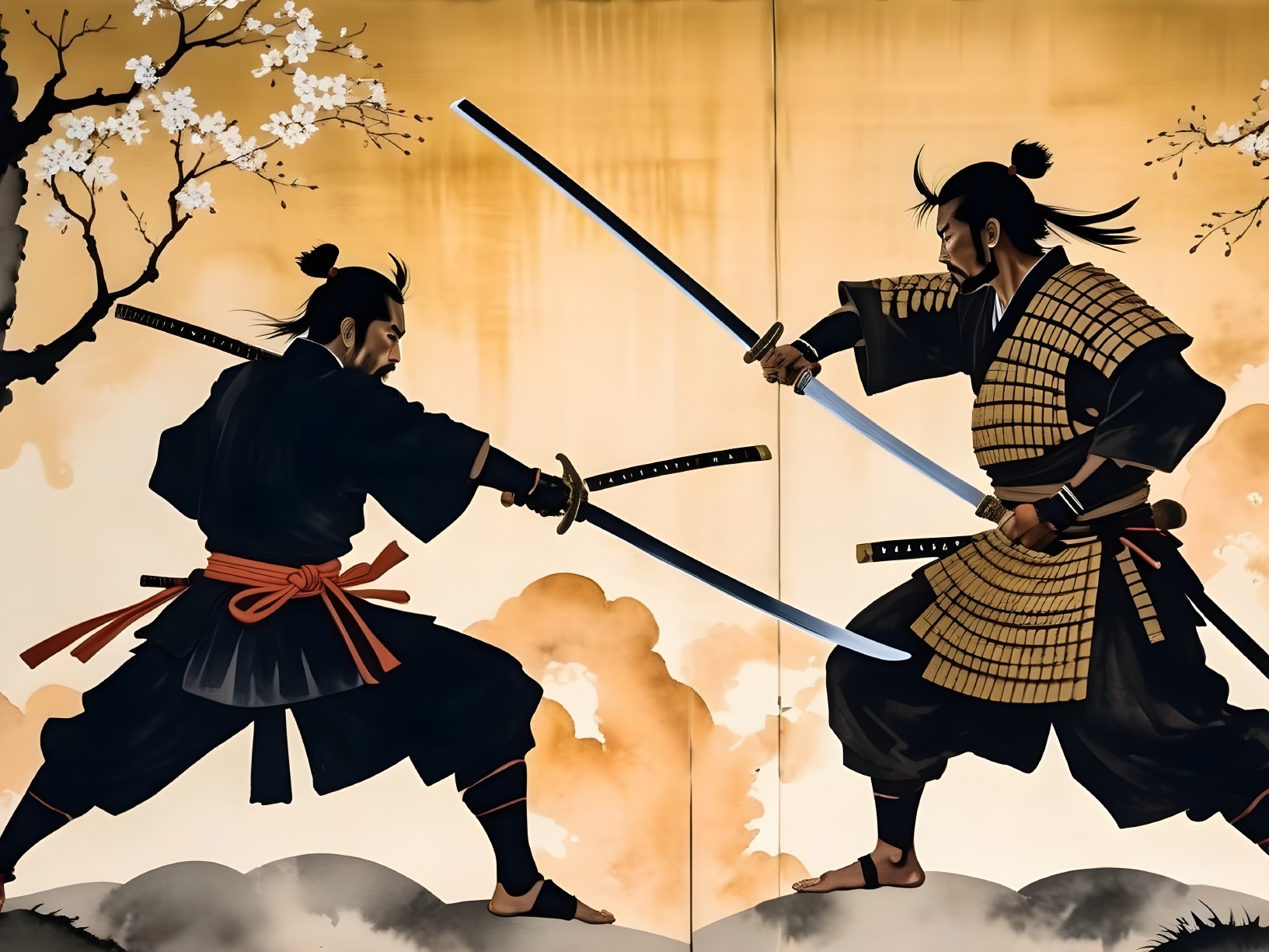Samurai Duel with Traditional Armor and Cherry Blossoms