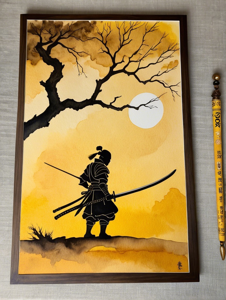 Samurai Silhouette in Serene Sunset Landscape