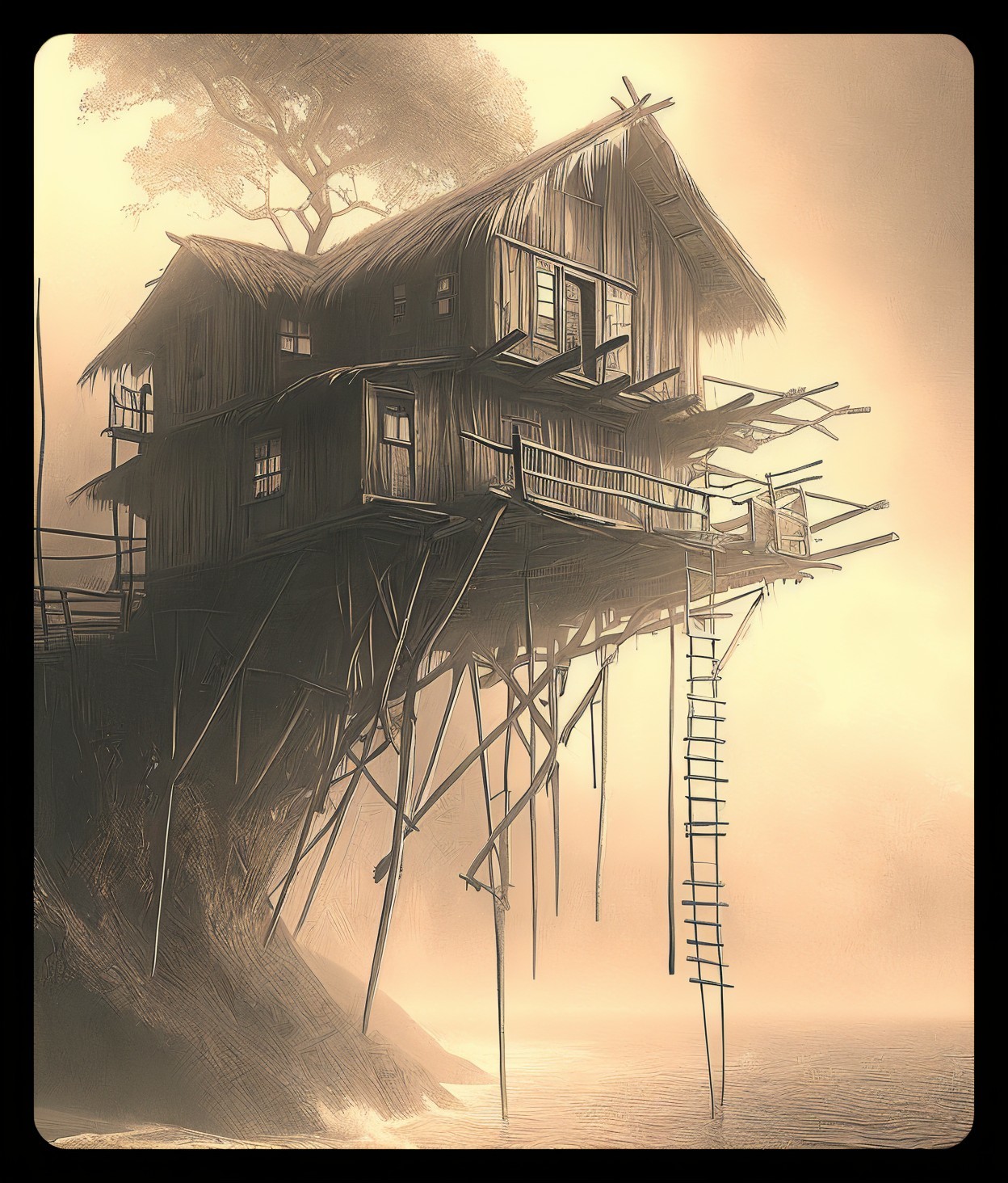 Mystical Wooden House on Stilts by Foggy Coastline