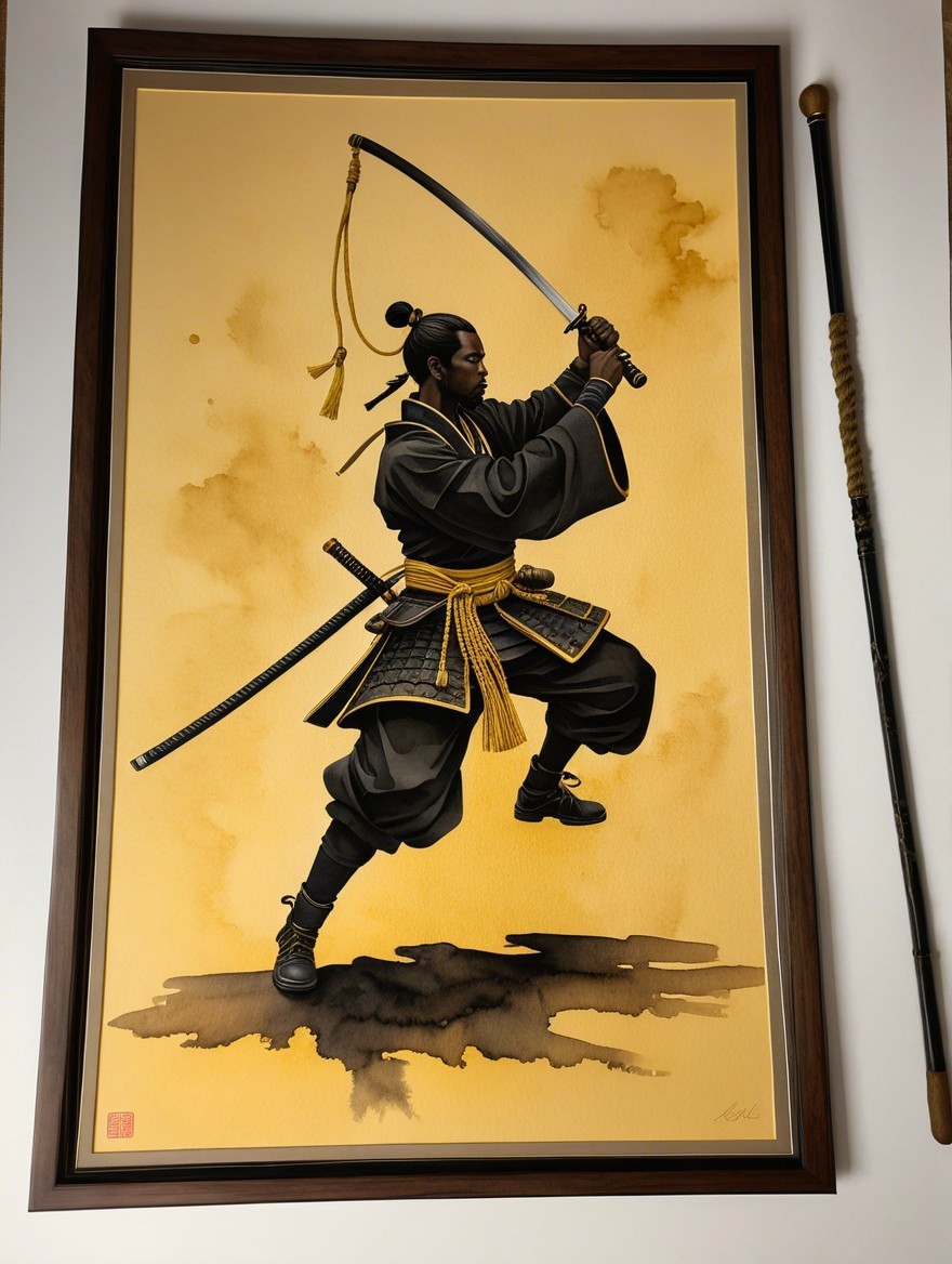 Dynamic Samurai Depiction with Katana and Gold Background