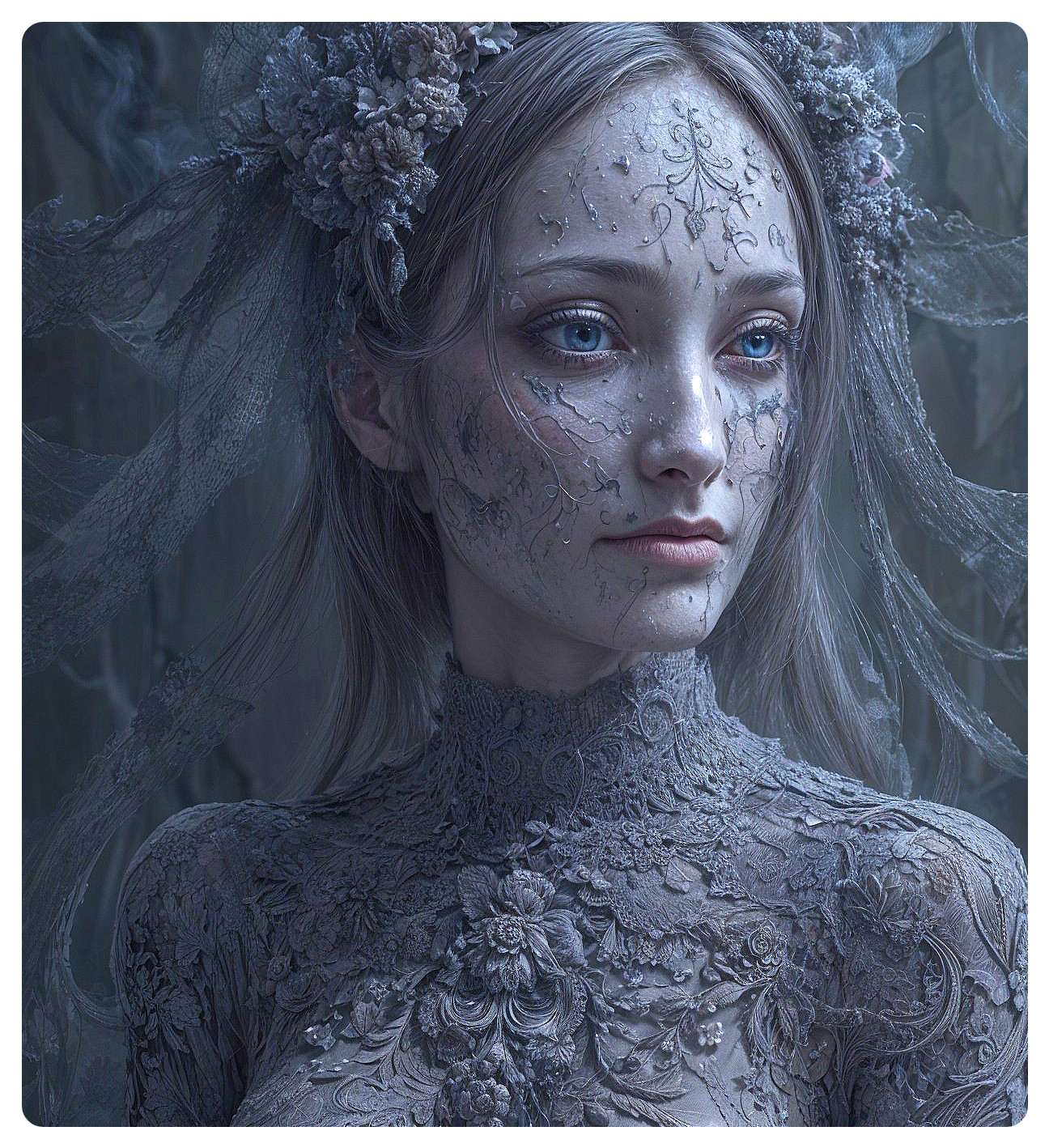 Ethereal Figure with Floral Patterns and Veil