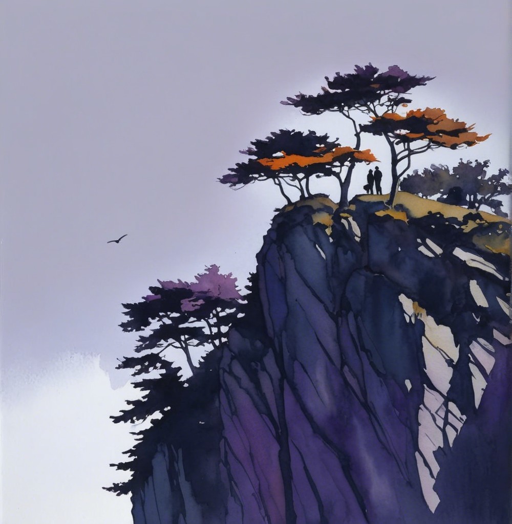Watercolor Landscape of Cliff with Silhouetted Trees