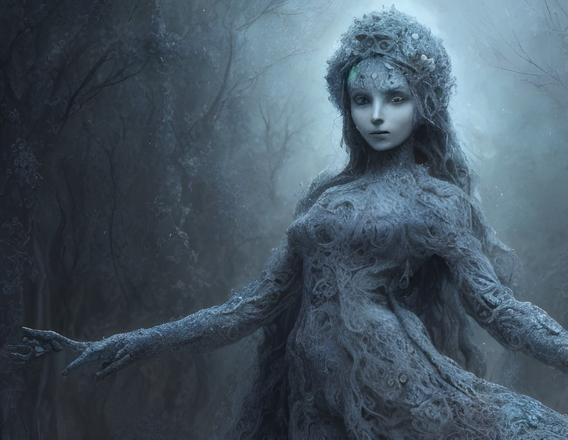 Ethereal figure in a mystical winter forest setting