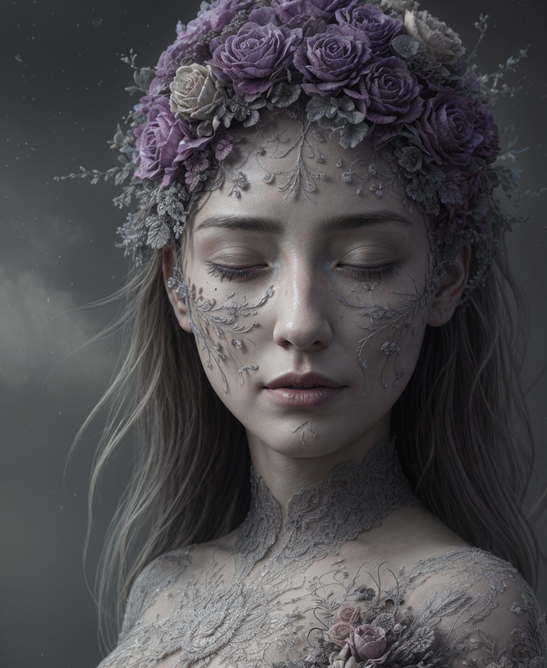 Serene woman with lace patterns and floral motifs