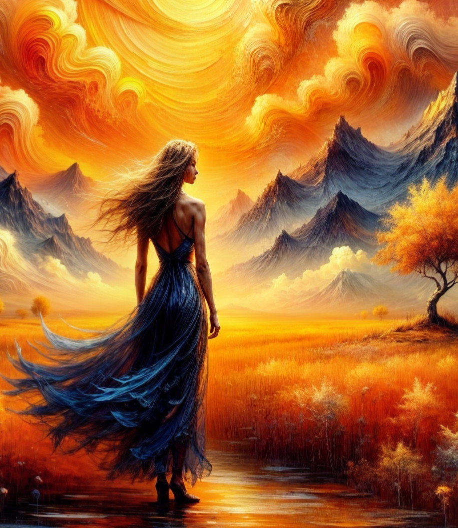 Woman in Blue Dress at Serene Sunset Landscape