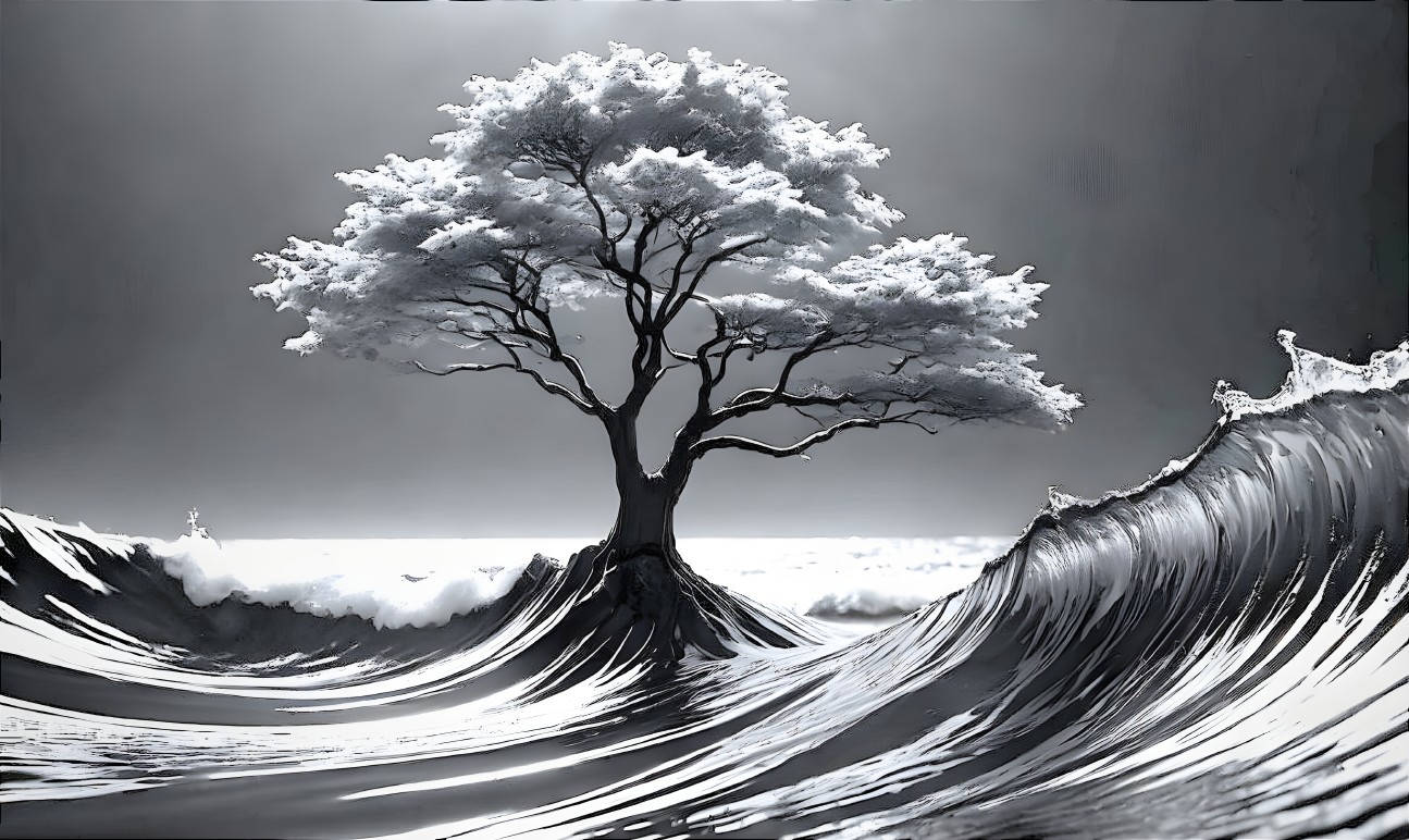 Solitary Tree Amidst Monochromatic Waves and Nature's Power