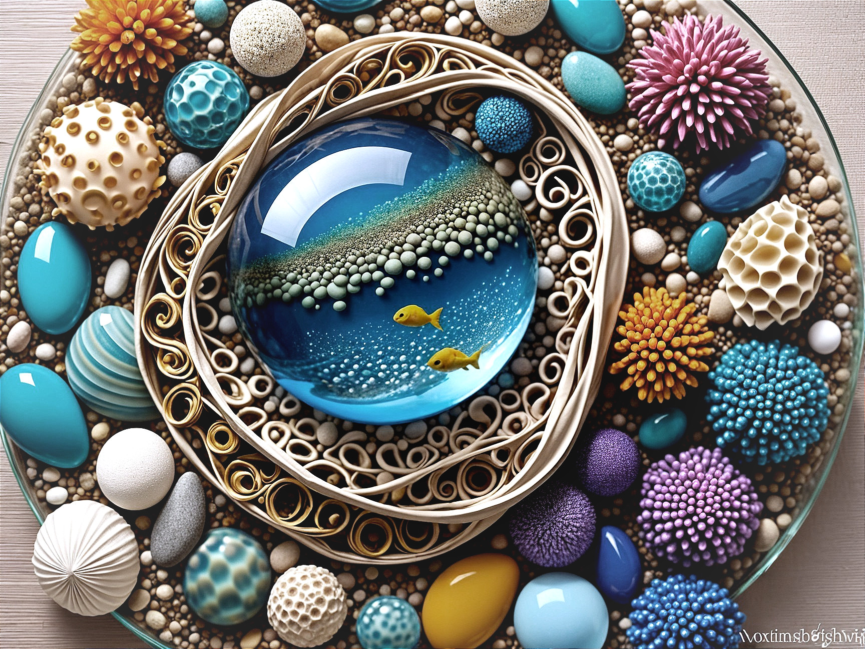 Colorful Textured Orbs and Underwater Scene in Dome