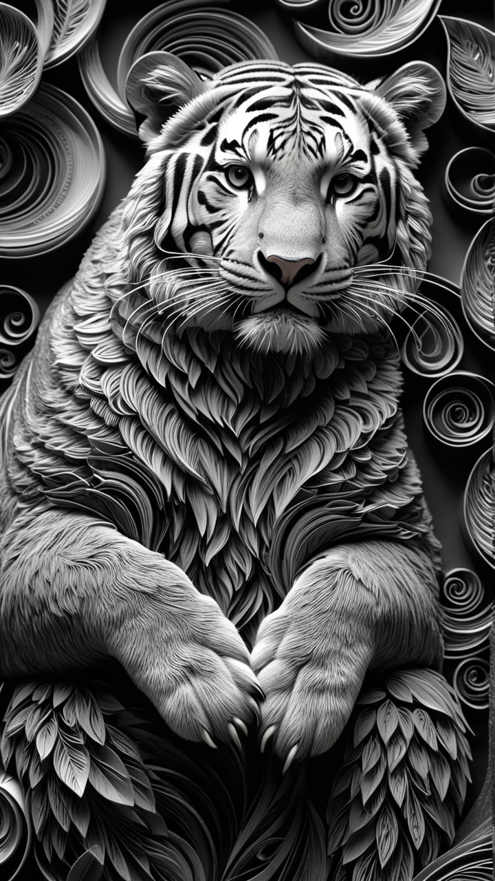Black-and-white tiger image with detailed fur patterns