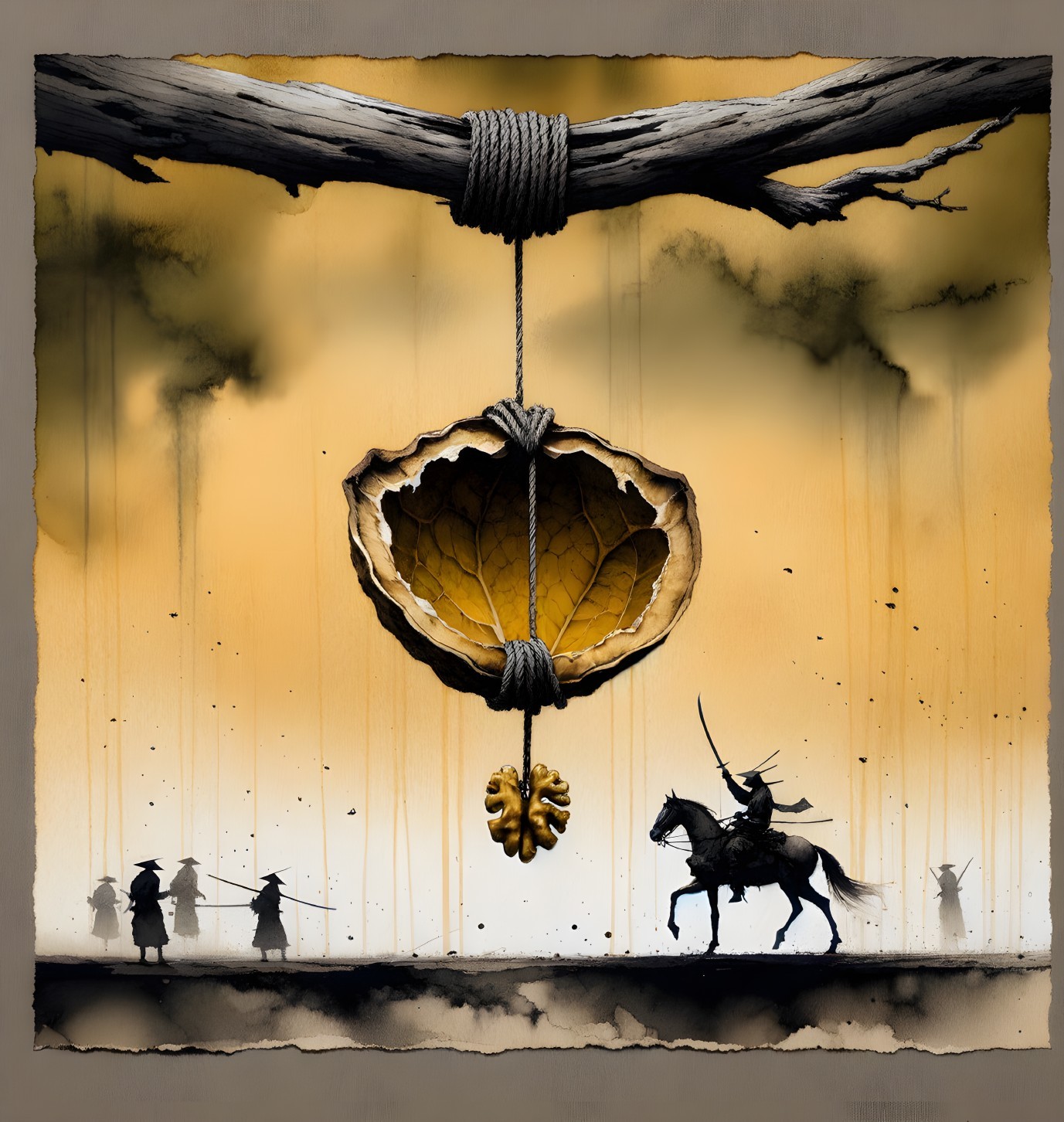 Surreal Scene of Suspended Leaf and Shadowy Figures