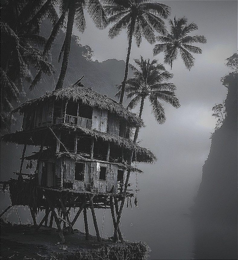 Black-and-white image of a stilted wooden hut in mist