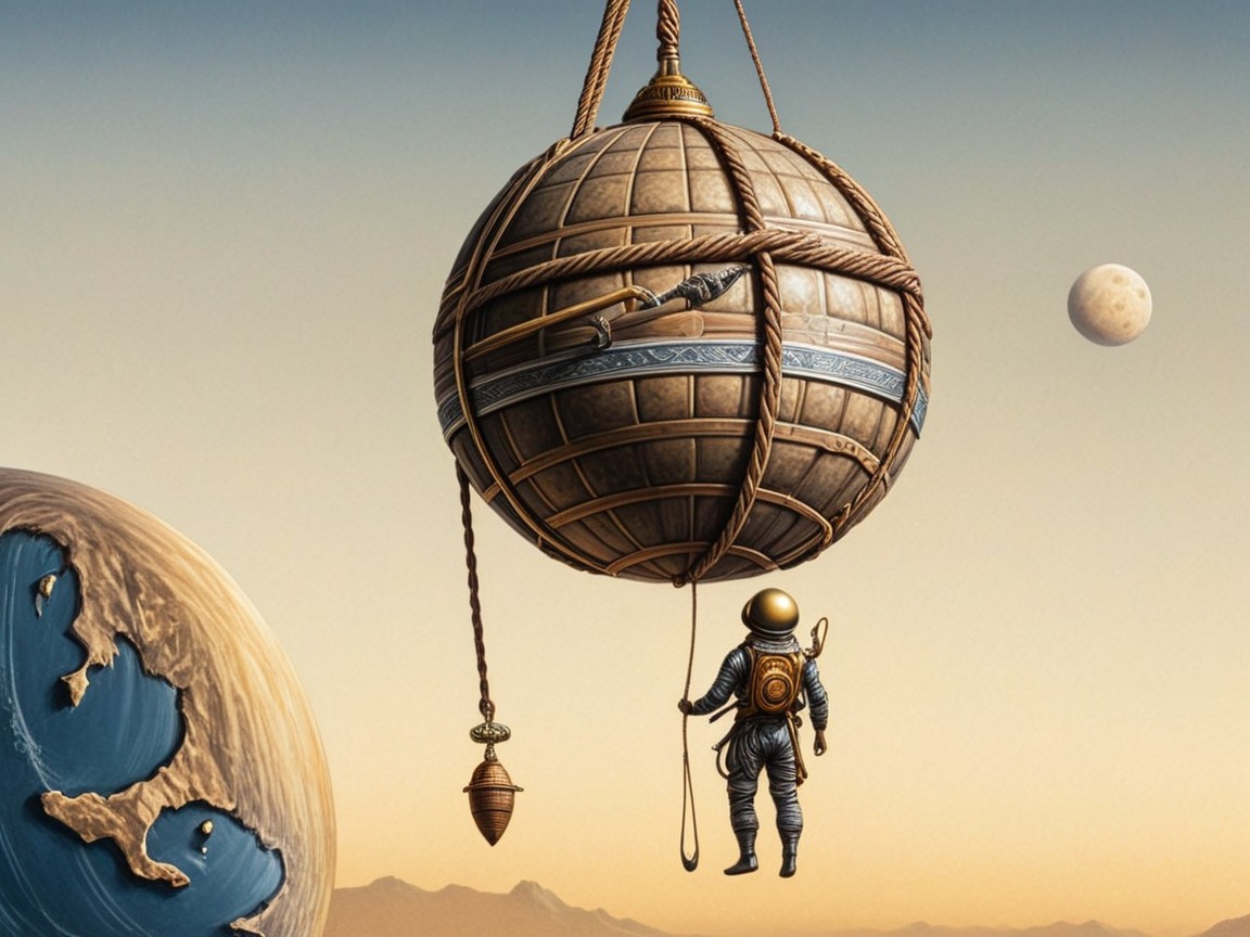 Astronaut Hovering Above Surreal Landscape and Earth