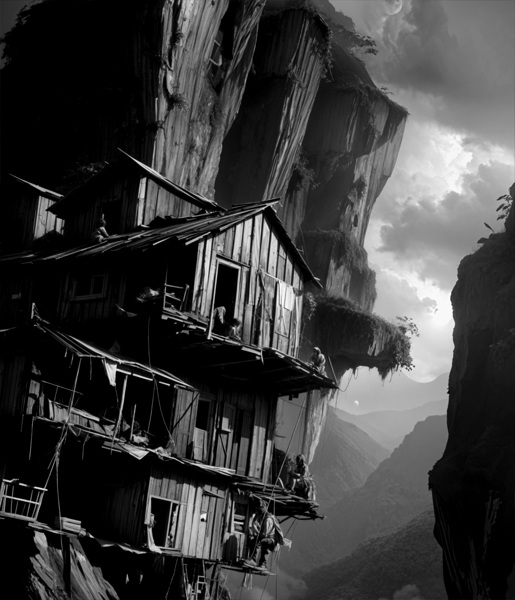 Wooden House on Cliff Under Dark Clouds