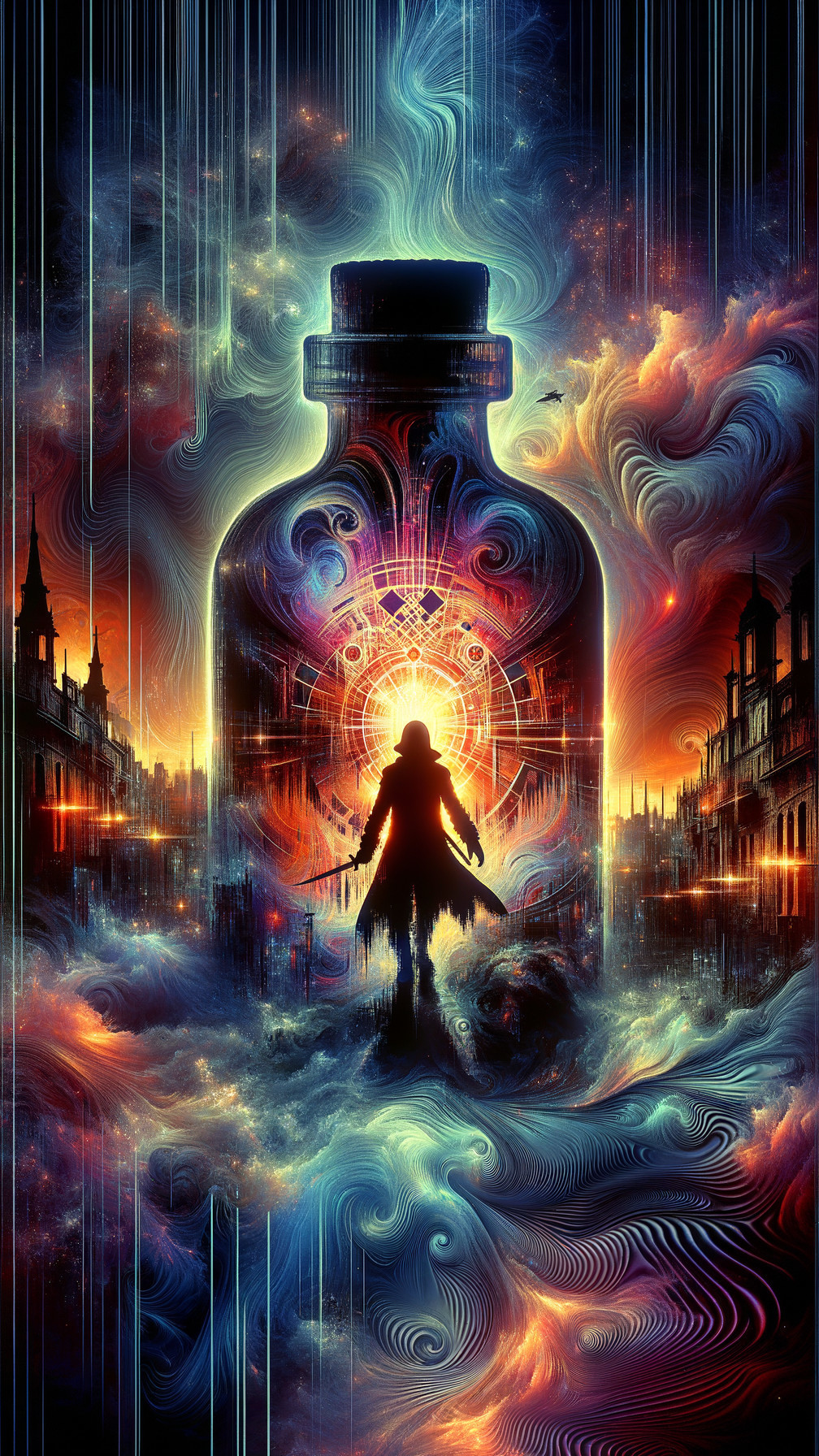 Giant Potion Bottle in a Dreamlike Cityscape Scene