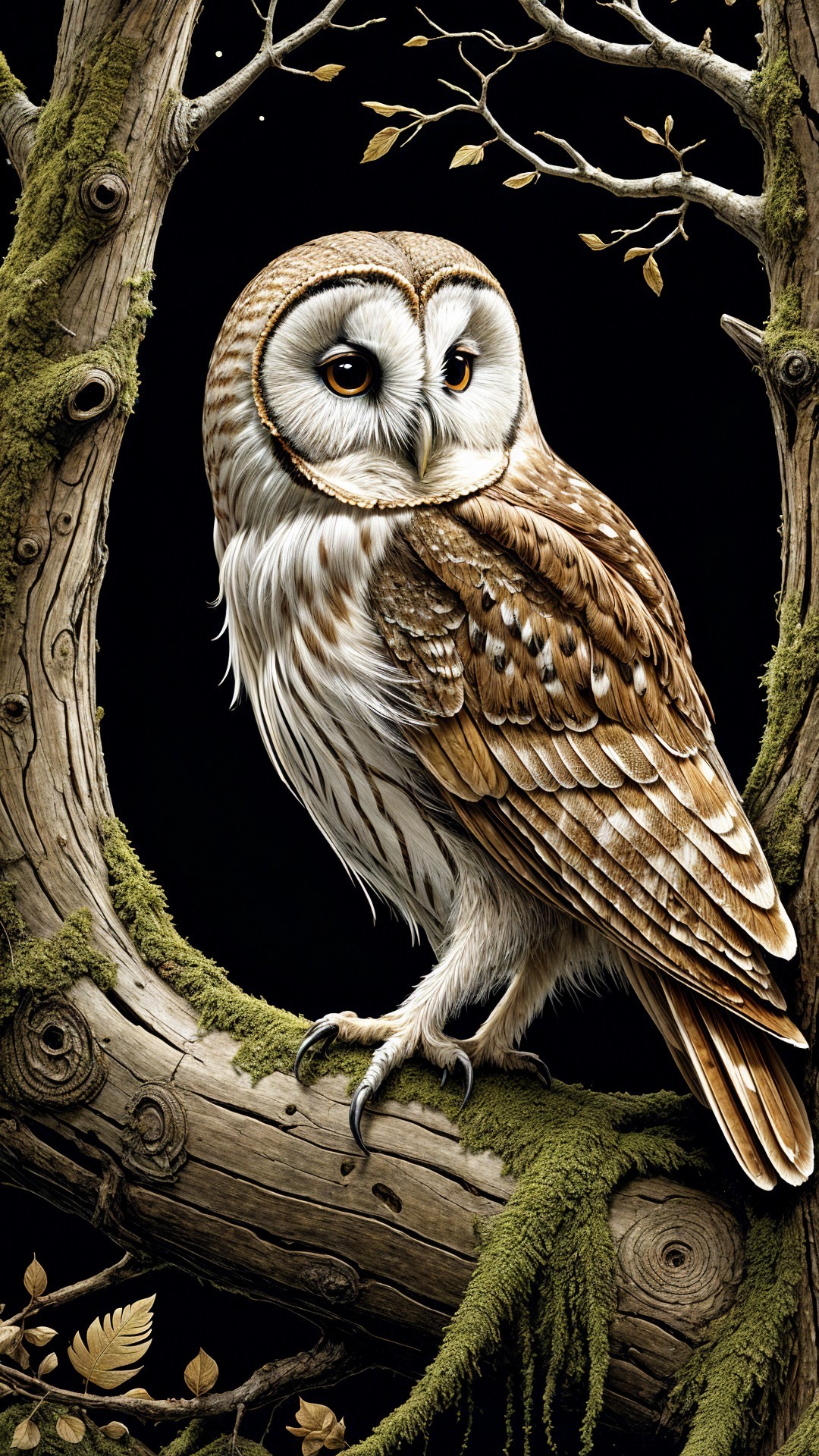 Detailed Illustration of a Barn Owl on a Branch