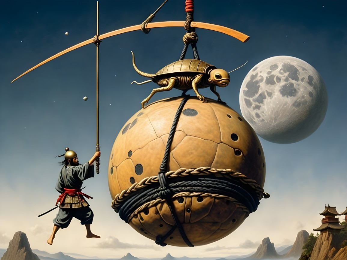 Surreal Landscape with Warrior and Mechanical Turtle
