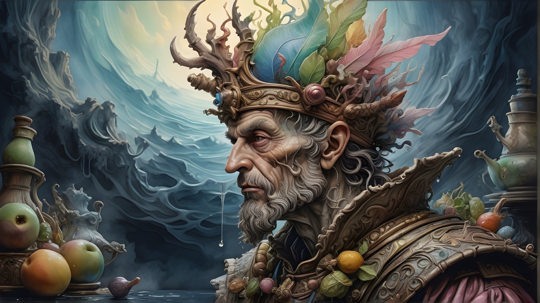 Elderly Regal Figure with Crown and Mystical Surroundings