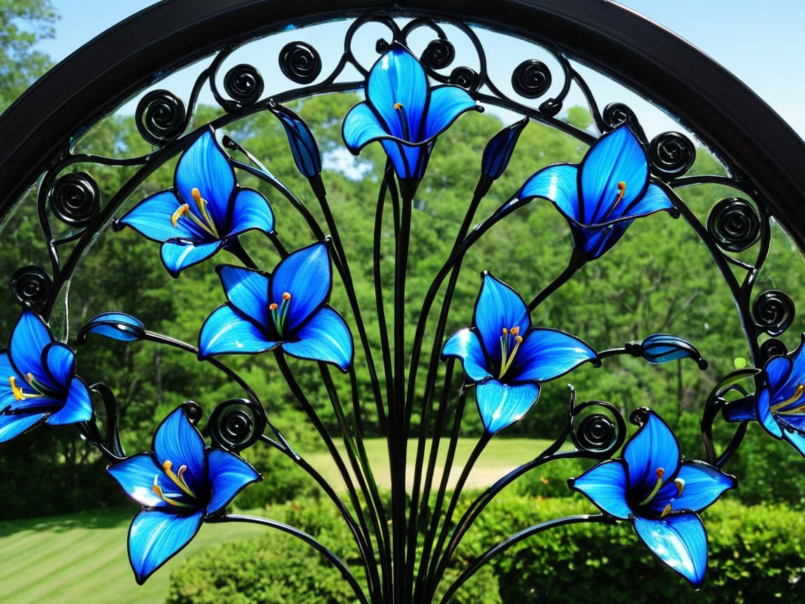 Wrought Iron Panel with Blue Lilies and Green Landscape
