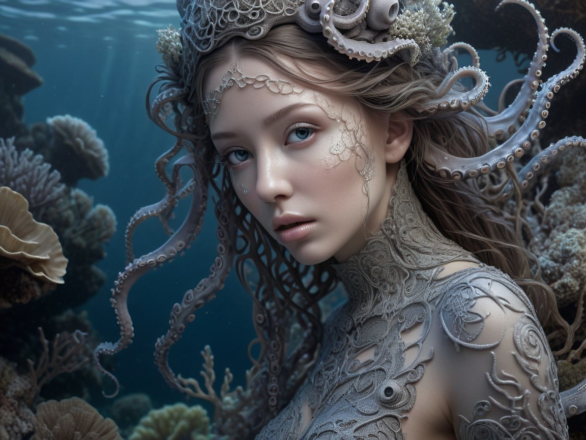 Underwater Scene with Intricate Skin Designs and Coral