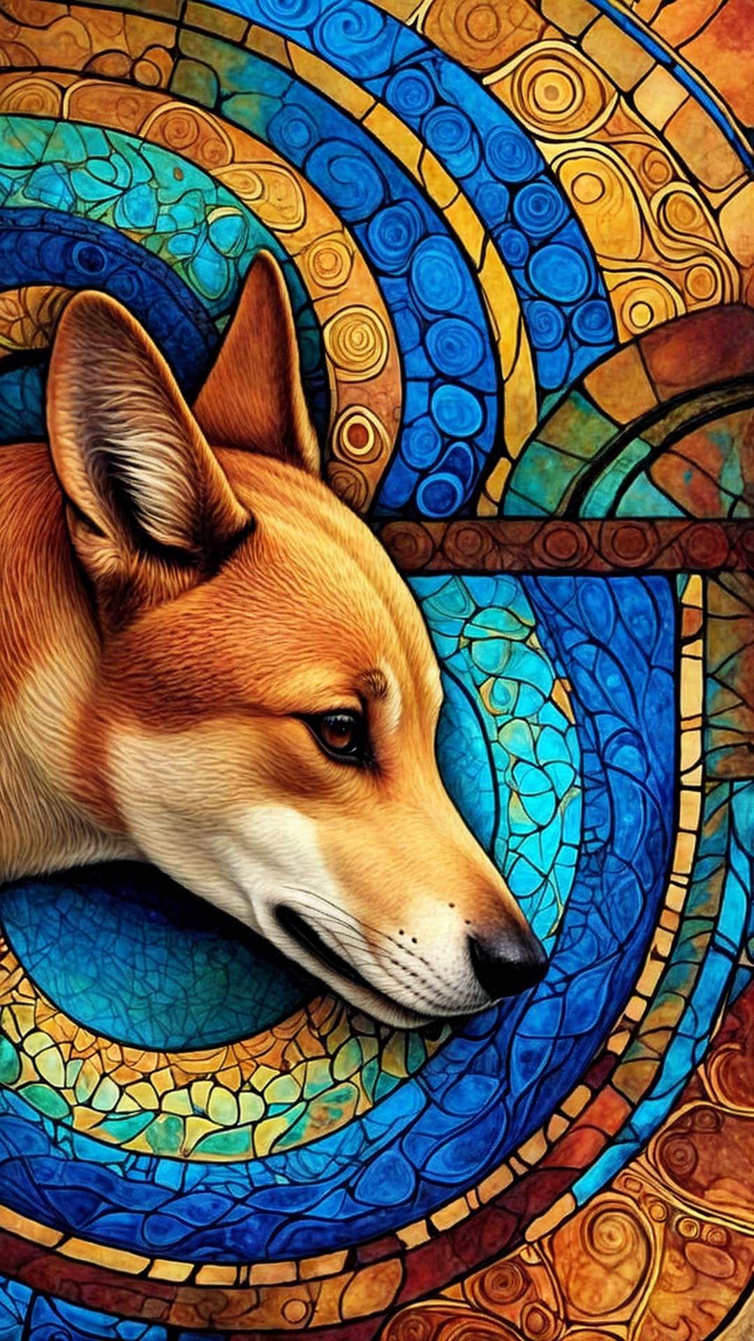 Close-Up of Corgi with Artistic Mosaic Background