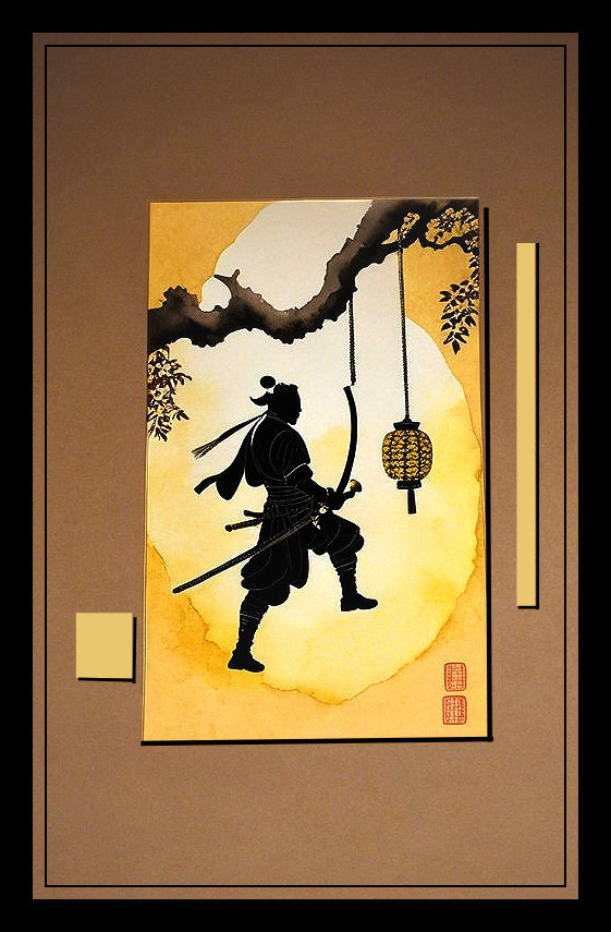 Samurai Silhouette with Sword Against Golden Backdrop