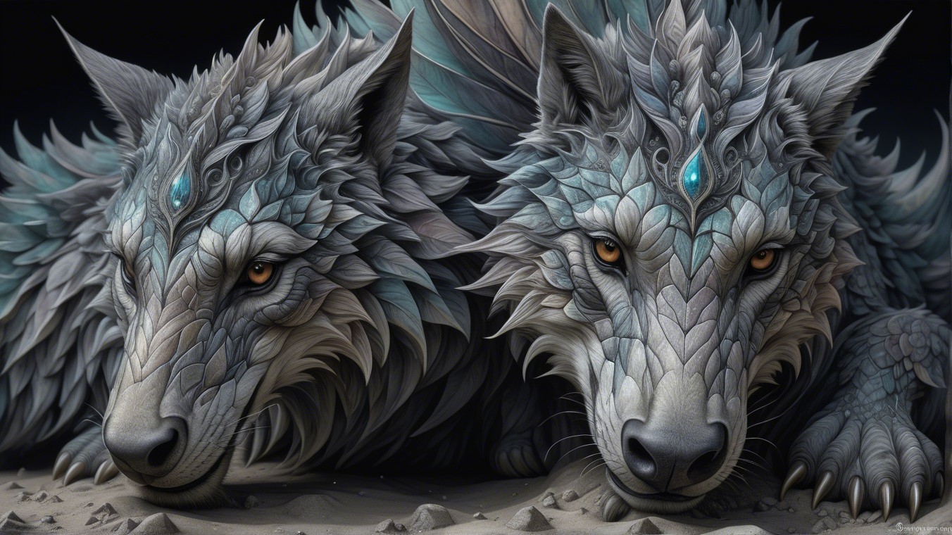 Intricately Designed Wolves with Crystalline Fur Patterns