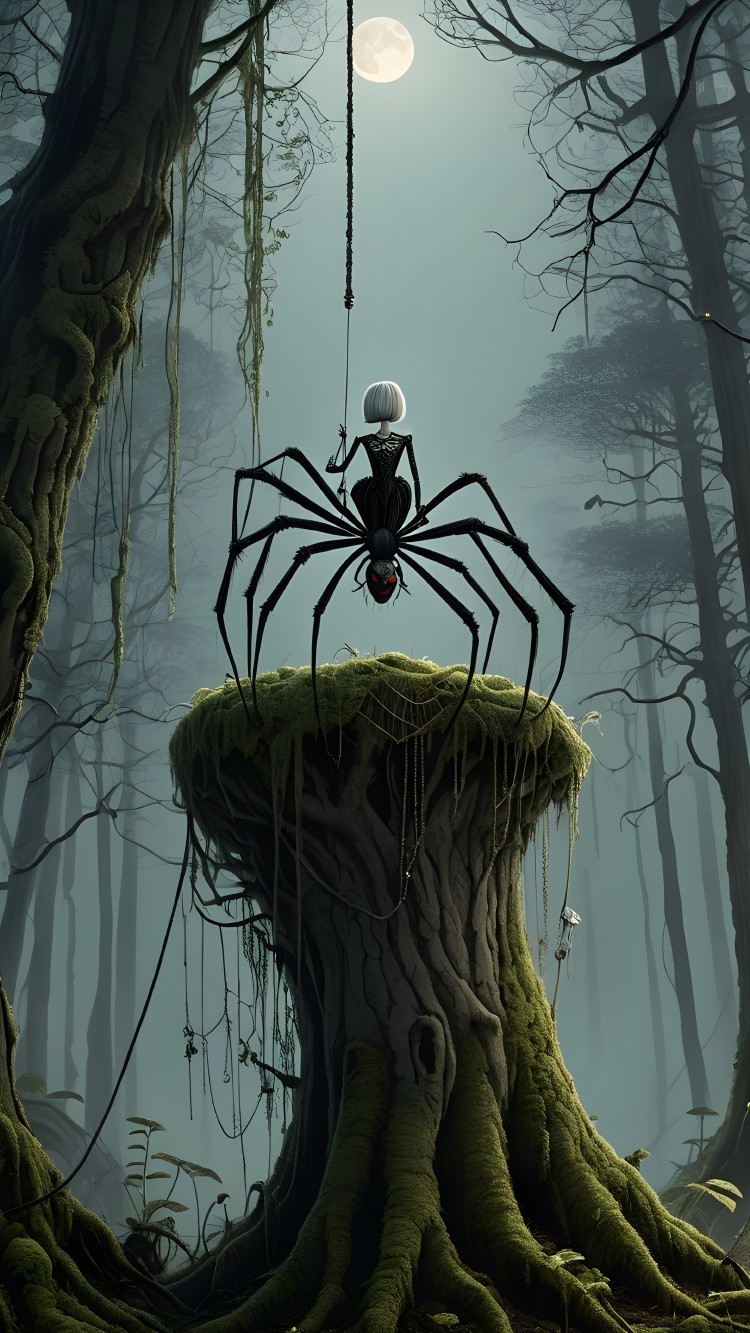 Giant Spider in a Mystical Shadowy Forest Scene