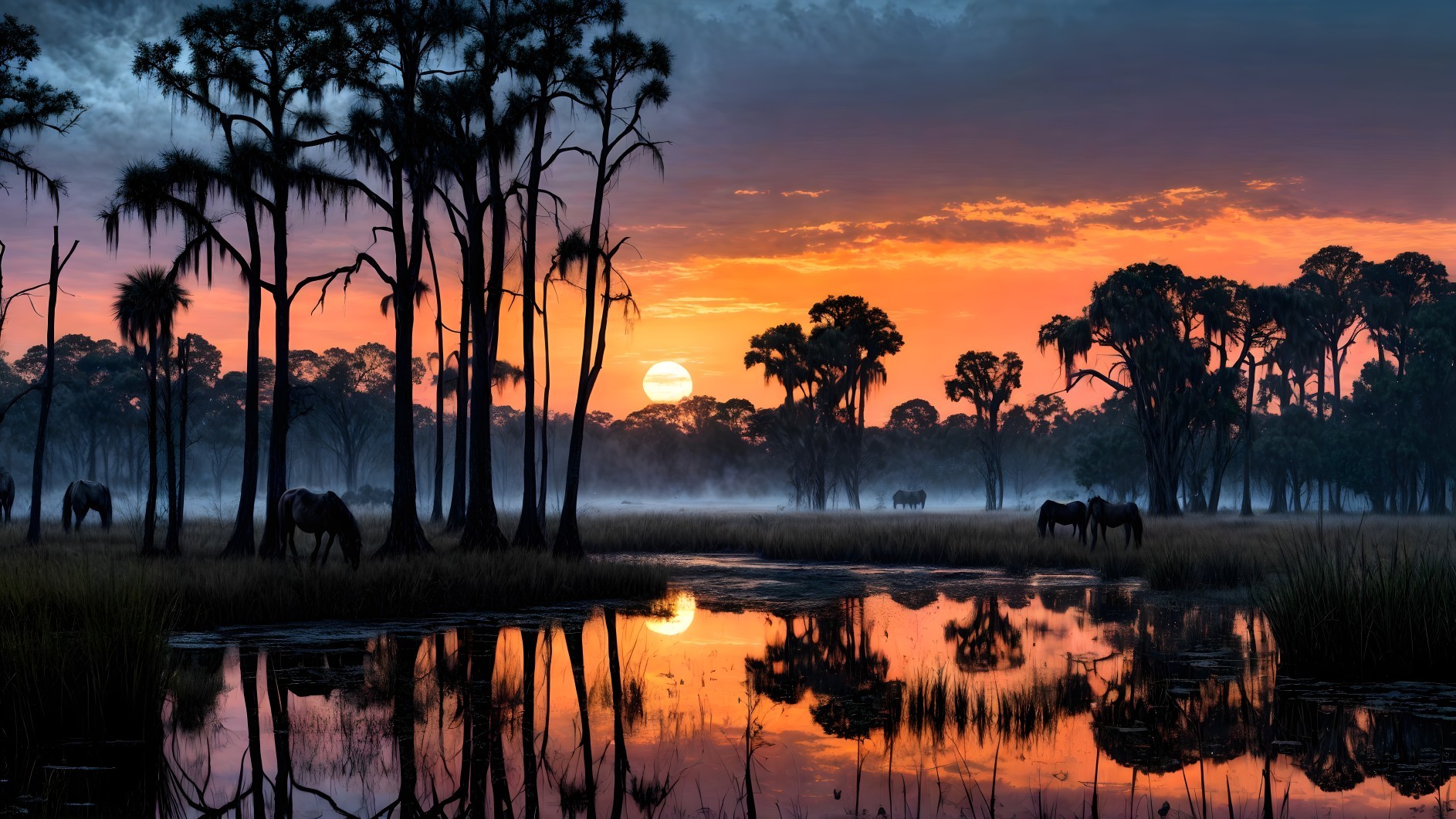 Serene Sunset Landscape with Silhouetted Trees and Horses
