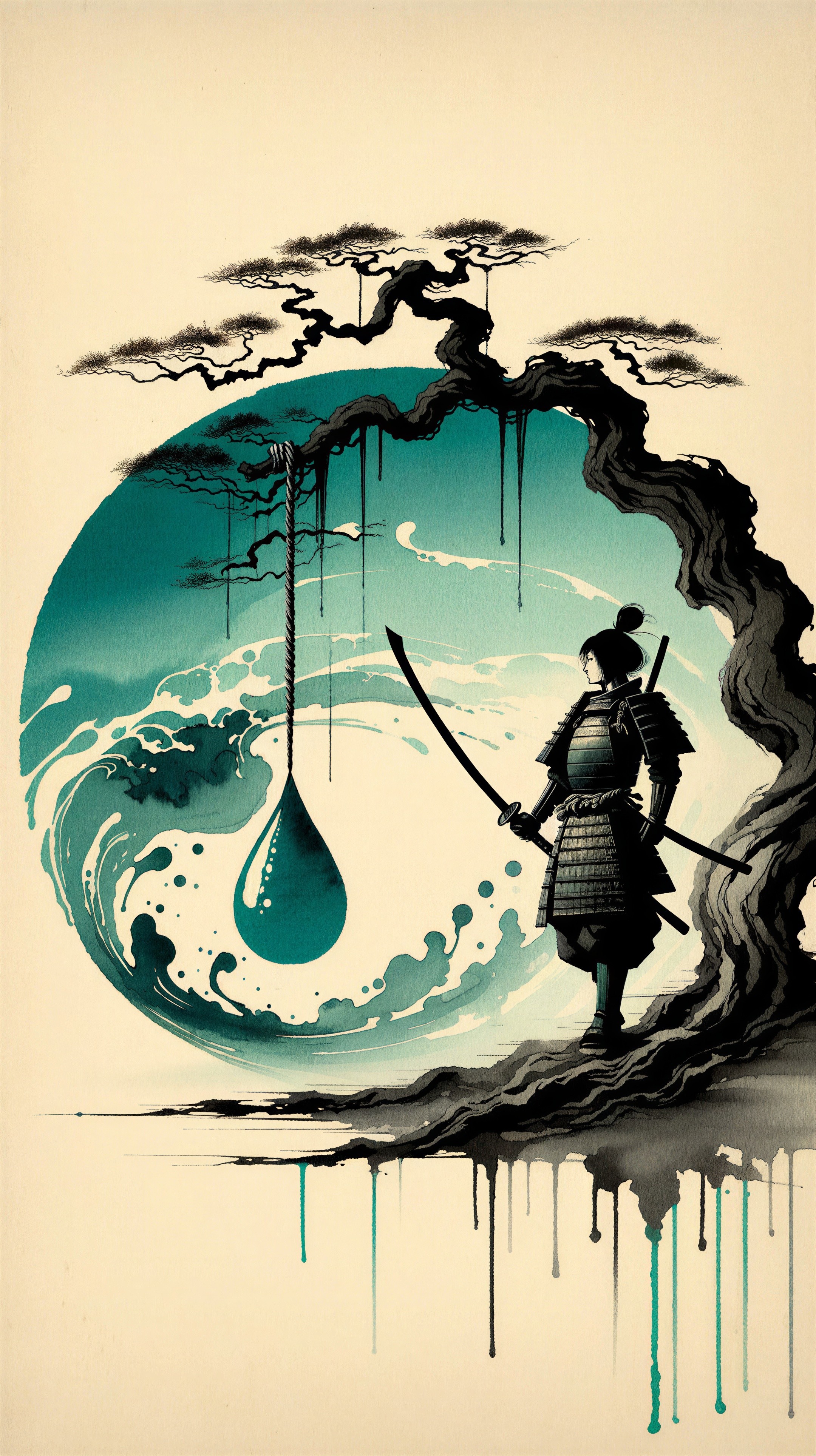 Samurai in Armor Amidst Tranquil Nature Scene