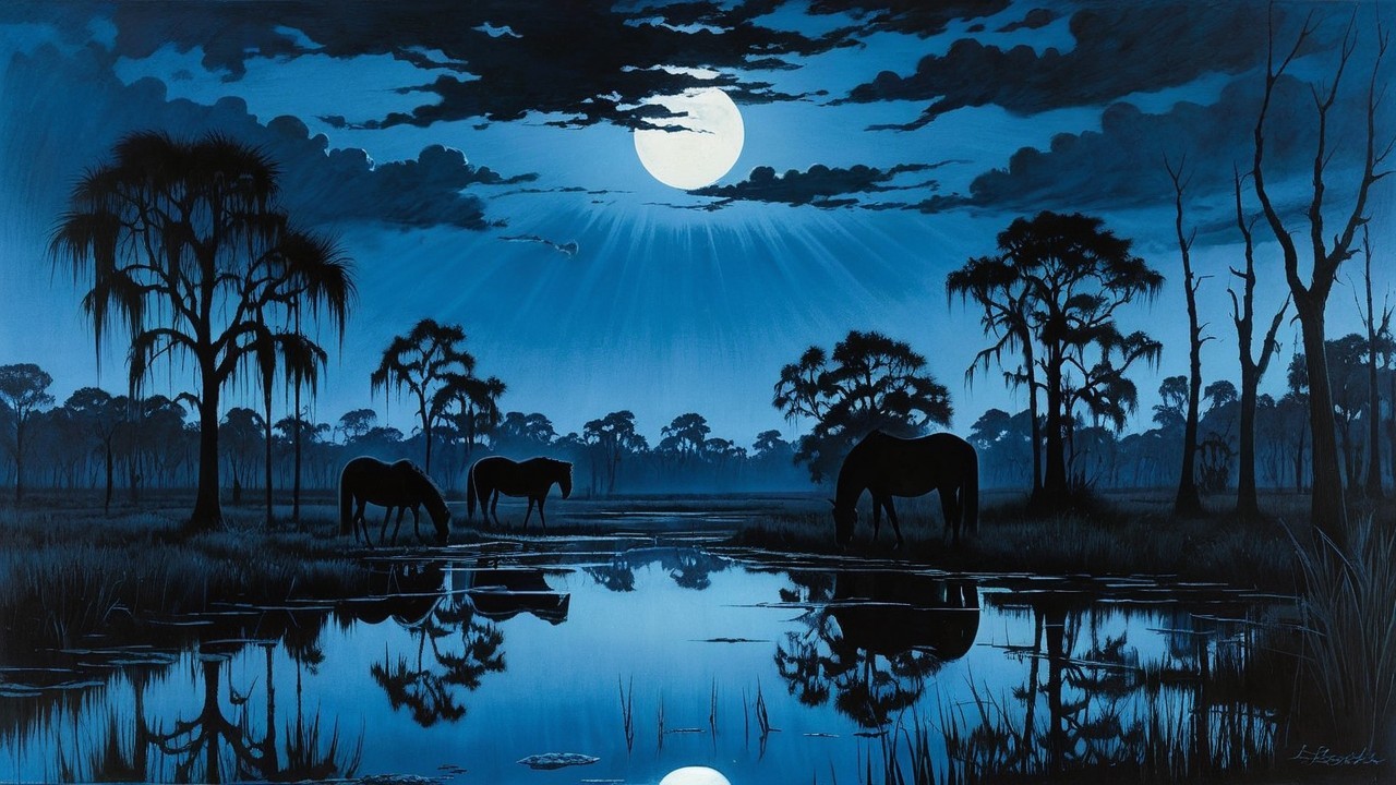 Tranquil Night Landscape with Horses and Moonlight