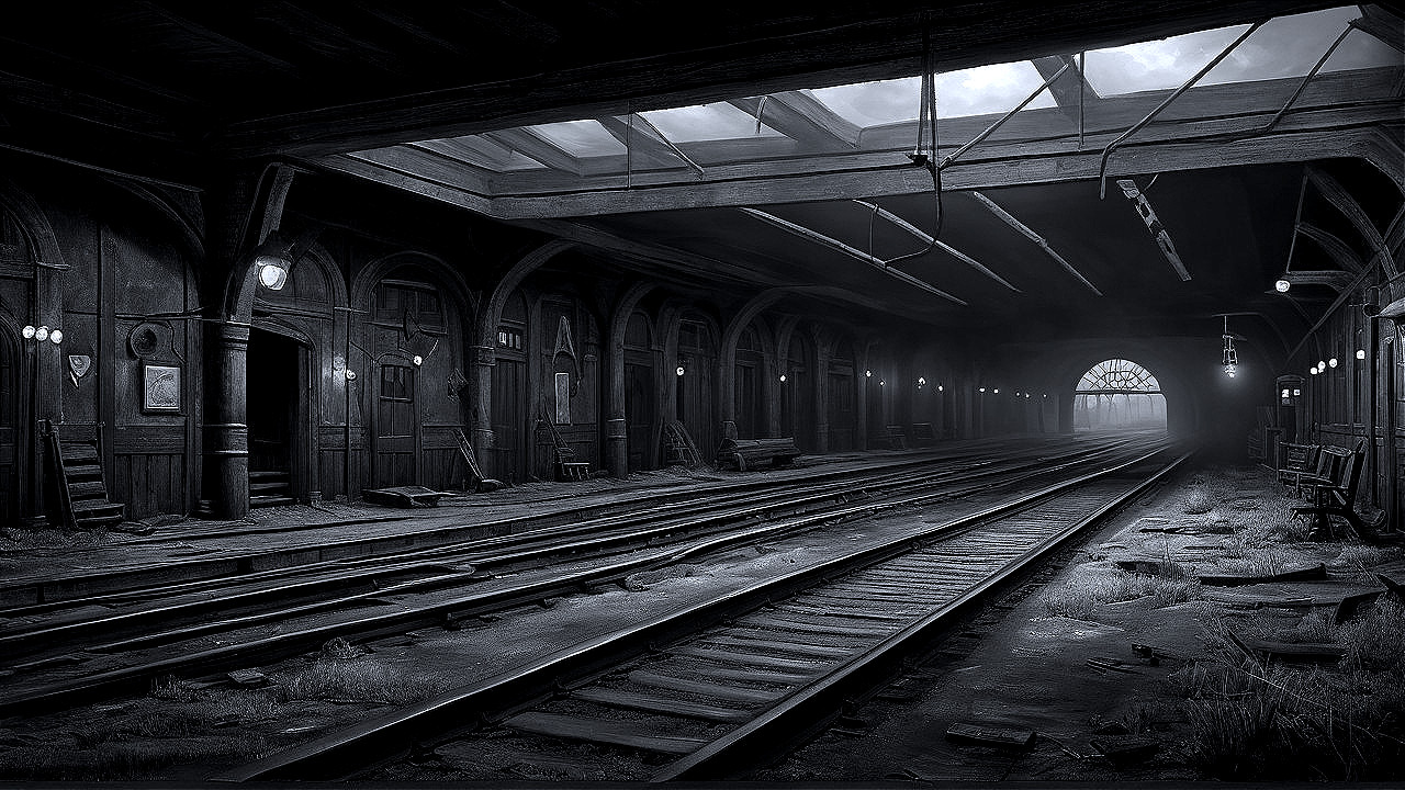 Abandoned Train Station with Worn Beams and Dusty Tracks