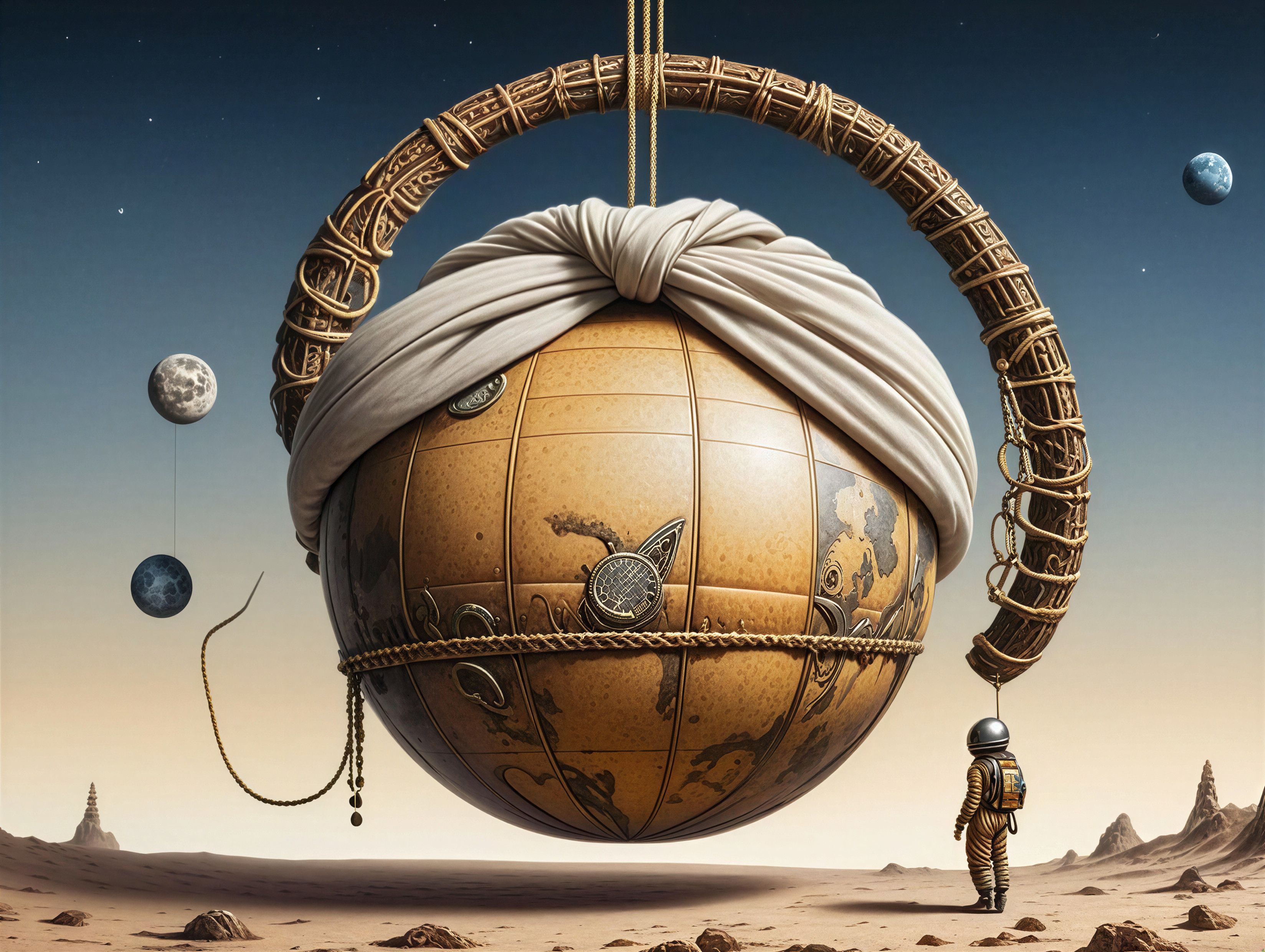 Surreal Landscape with Suspended Ornate Globe and Astronaut
