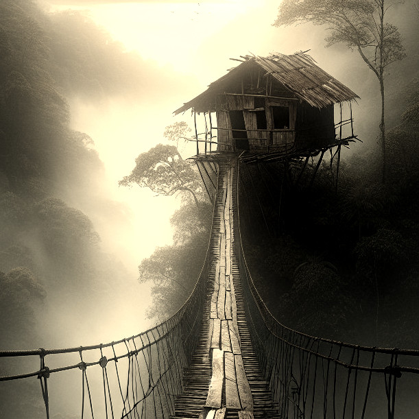 Rustic Wooden House on Stilts Surrounded by Fog and Greenery